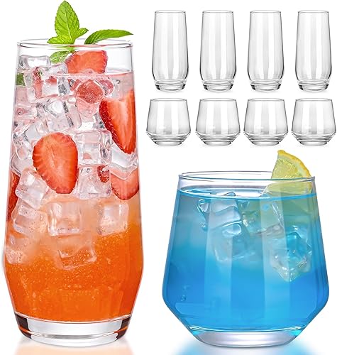 Juego de 8 vasos de cristal transparente de 13 onzas y 18 onzas, vasos de cristal, vasos de agua Highball, copas de vino cortas sin tallo, para
