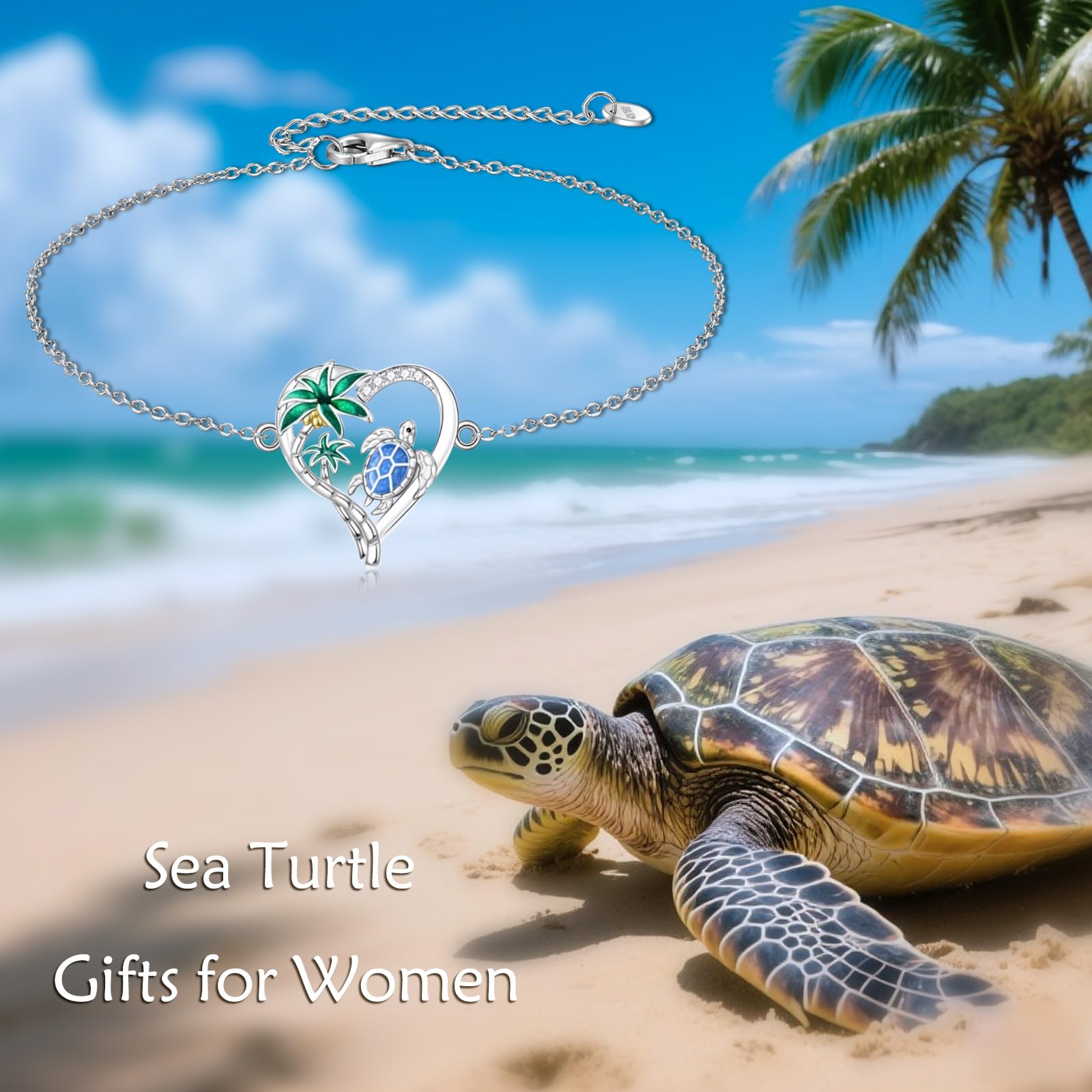 TOUPOP Pulsera de plata de ley con cristales de tortuga marina, sirena, delfín, concha, estrella de mar, caballito de mar
