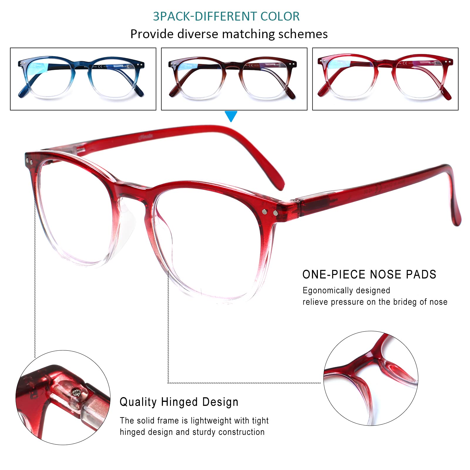 Henotin Blaulichtblockierende Lesebrille mit Federscharnier, Computer-Lesebrille für Männer und Frauen, Anti-UV-Filtergläser (mehrfarbig, 0,5), 3 Stück