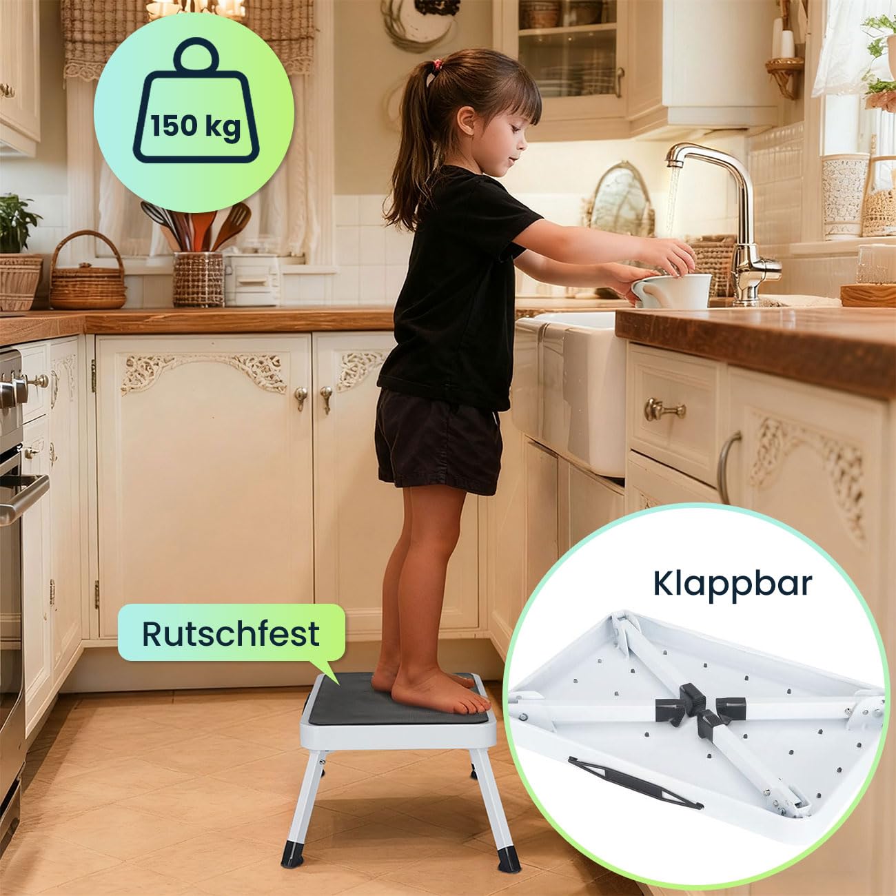 ideoon 2er-Set Stabiler Tritthocker, 150 kg - Stahl, rutschfeste Küchenleiter mit Klappsicherungen, platzsparend für sicheres Arbeiten
