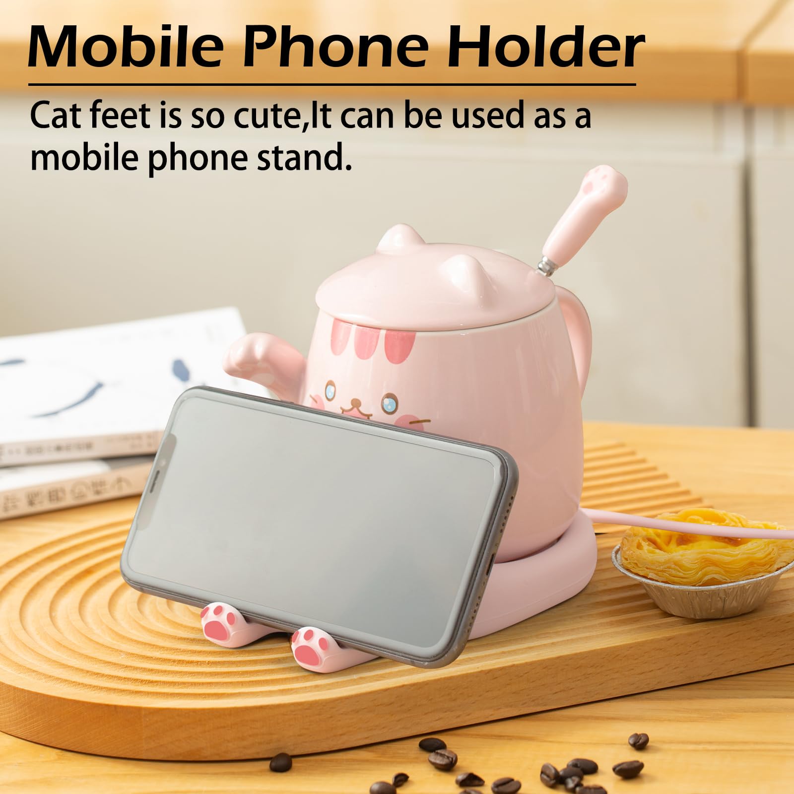 PUSEE Coffee Mug Warmer & Cute Cat Mug Set, Coffee Cup Warmer for Desk with Auto Shut Off, Beverage Warmer with 3 Temp Settings, Candle Warmer Coffee Warmer with Mug Set for Christmas & Birthday Gifts: Ador Pink