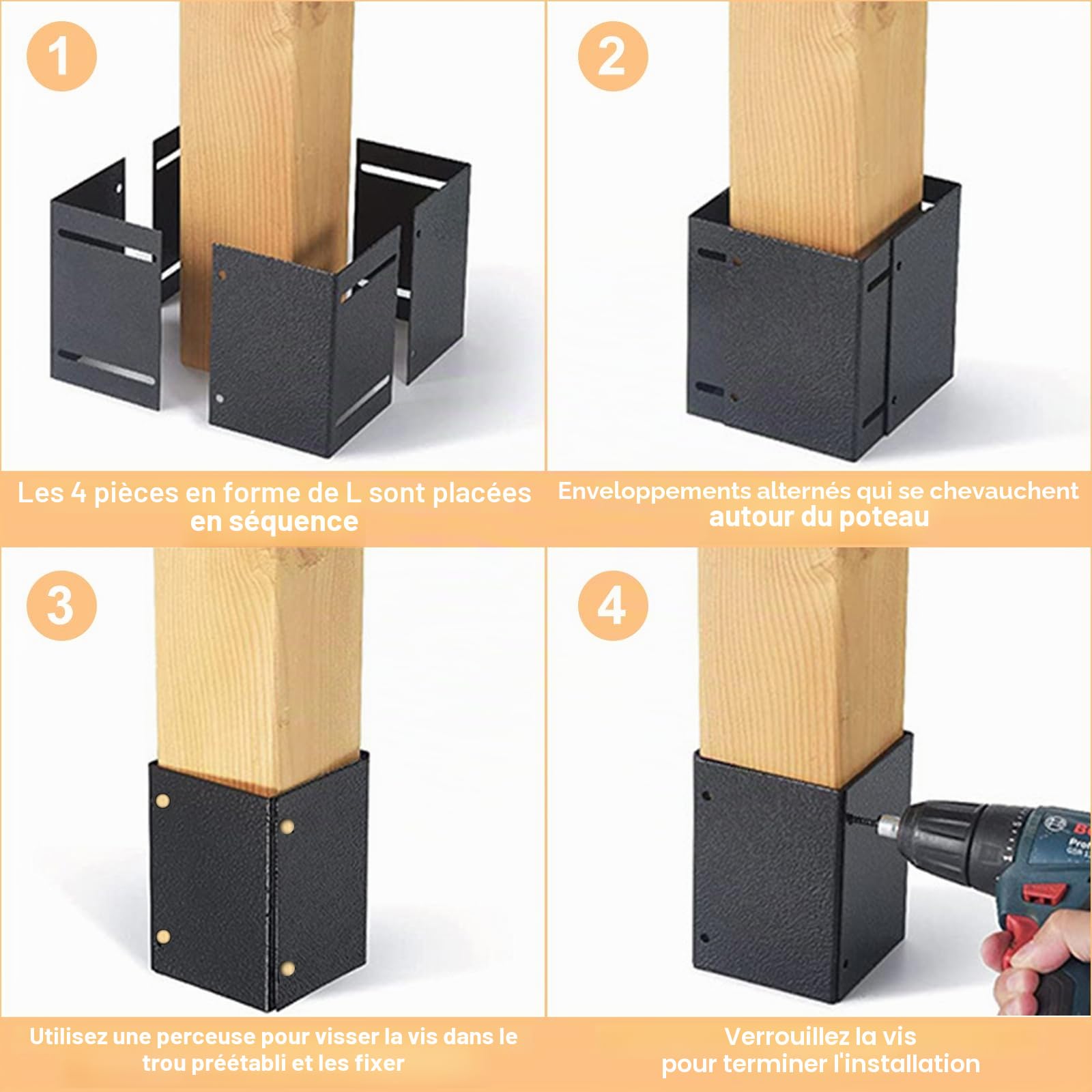 Protections de base de poteau en acier inoxydable (4 pièces réglables de 8,4 à 15,2 cm) pour protéger les boîtes aux lettres, les terrasses et les clôtures en bois contre les dommages causés par la