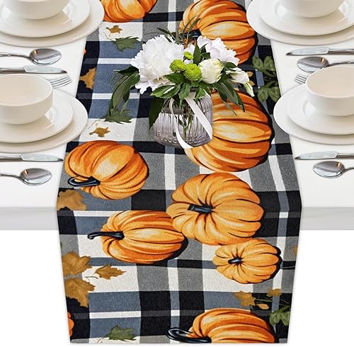 Camino de mesa de calabaza de Acción de Gracias de 13 x 70 pulgadas, caminos a cuadros para decoración de mesa, interiores y exteriores, festivales,