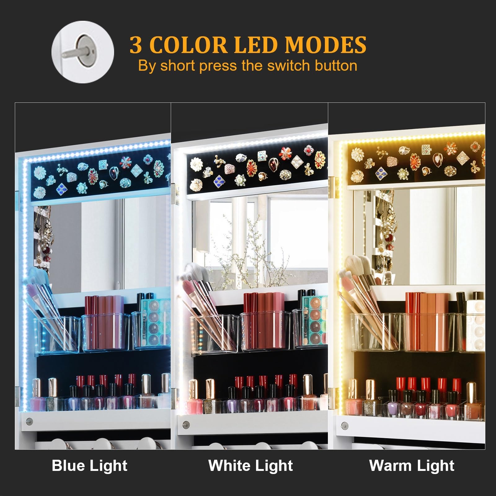 Espejo joyero LED de 108 cm (42,5"), para Pared o Puerta, con Espacio de Almacenamiento para Sala de Estar y Dormitorio (Blanco)