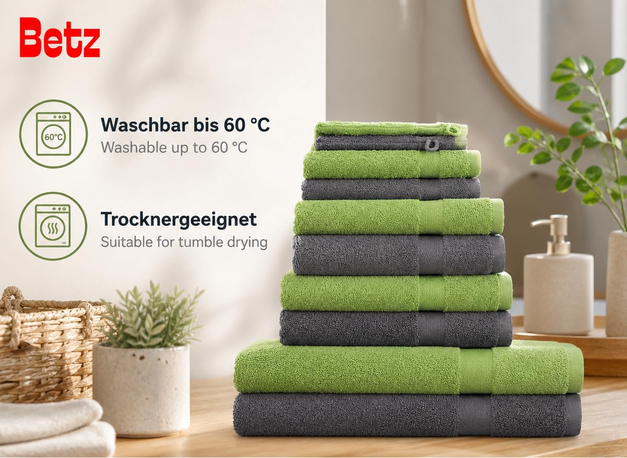Betz Juego de 10 Toallas Premium 100% algodón 2 Toallas de baño 4 Toallas de Lavabo 4 Toallas de tocador 2 Manoplas de baño Color Verde Manzana y Gris Antracita