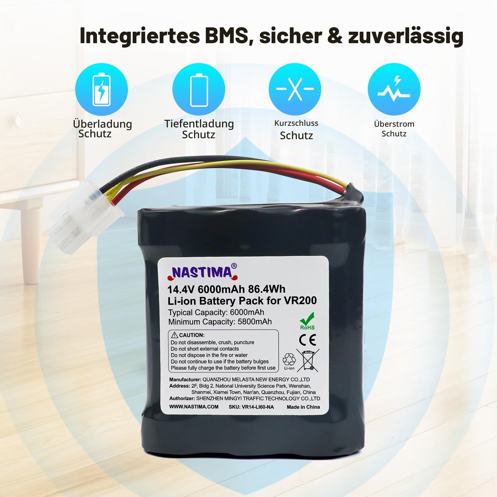 NASTIMA 14,4V 6000mAh Li-Ion Akku Kompatibel mit Vorwerk Kobold VR200, Art.-Nr. 20884-1, Staubsauger-Akku mit BMS