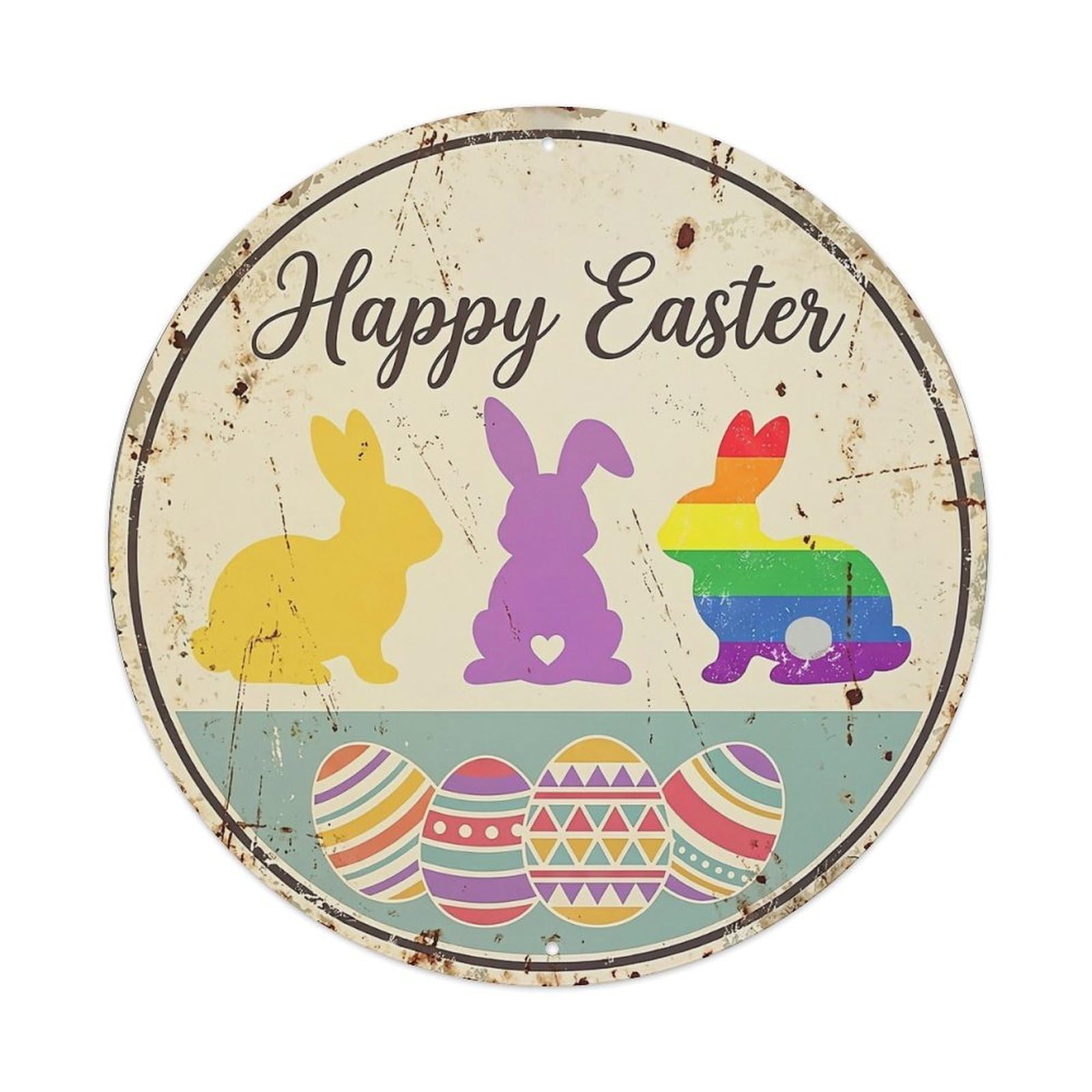 Happy Easter Bunny Eggs Pattern Tin Sign Metal Poster Vintage Metal Signs for Home Man Cave Bar Cafe Kitchen laundry room Wall Decorations 8x8 inches