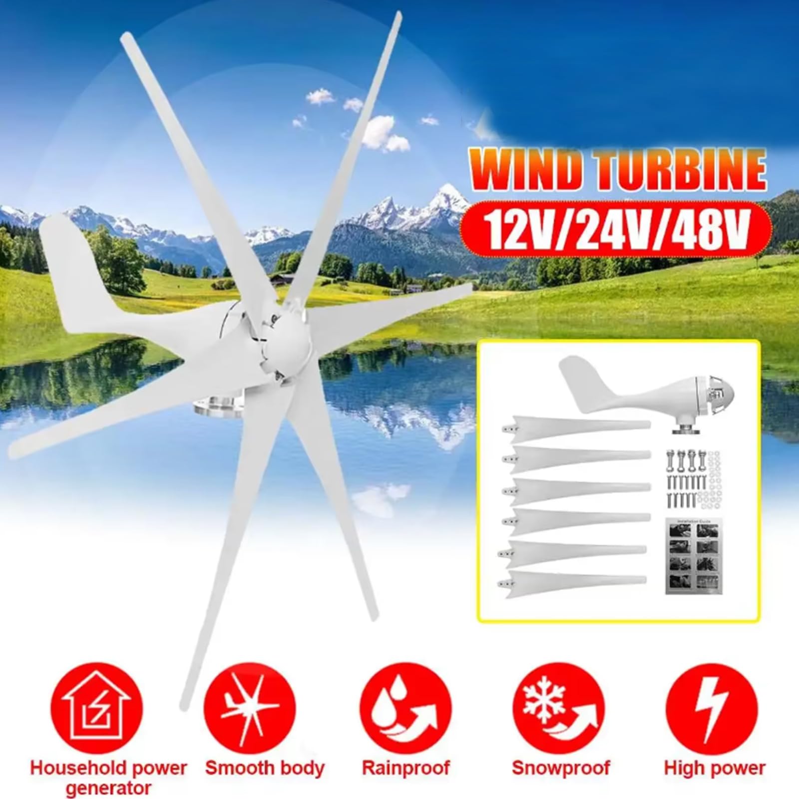 Generador de turbina eólica de 1000W-1500W, Kit de turbina eólica de 12V 24V 48V con Controlador MPPT, generador de energía eólica Blanca de 6 Palas para Barcos, hogar, Granja