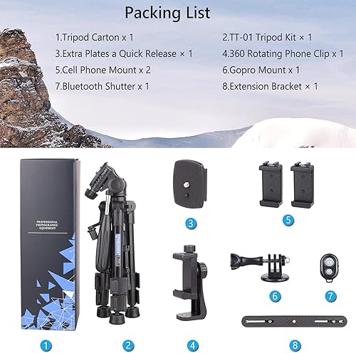 Miniatura 7 de Mini trípode de cámara de mesa para teléfonocámara con cabezal de giro flexible de 3 vías y nivel de burbujas regalo adicional soporte de extensión