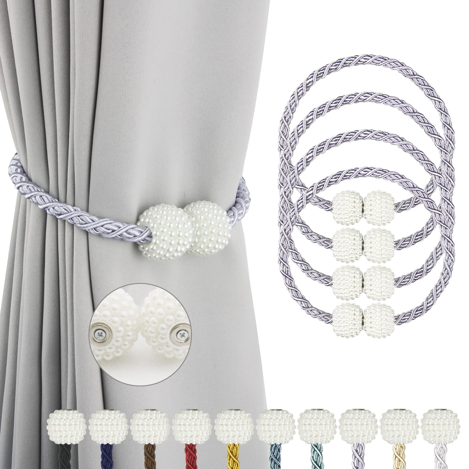 Porlau Magnetic Curtain Tiebacks Pearl Rope Tie-Backs Holdbacks Holder Decorative Drapery Tiebacks for Office Home 18 inch, Grey 4Pack