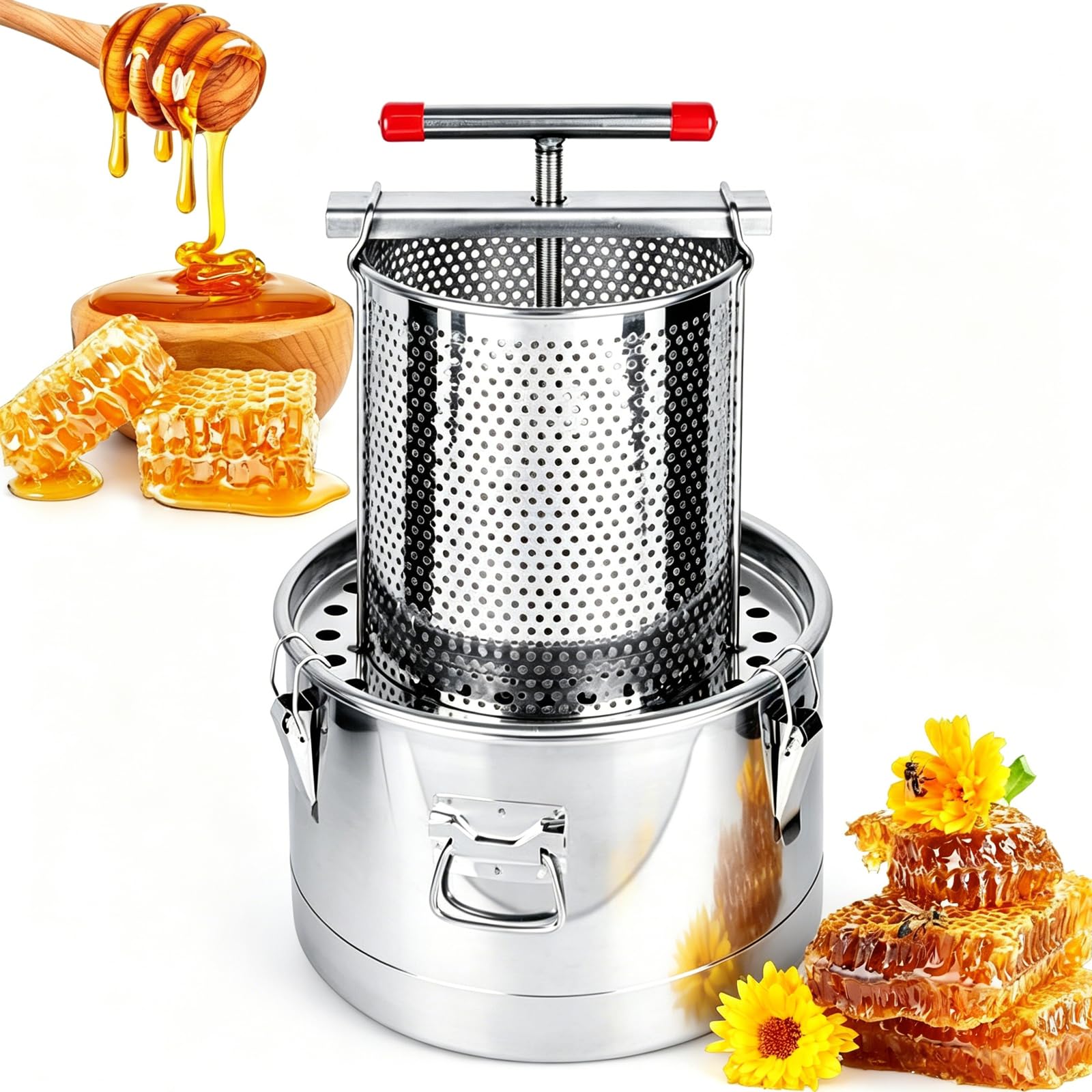 DOJBK Manual Honey Press Extractor, 10l Stainless Steel Honey And Beeswax Press, Beeswax Honey Extractor, With Filter Screens & Storage Bucket, For Beekeeping Home Use