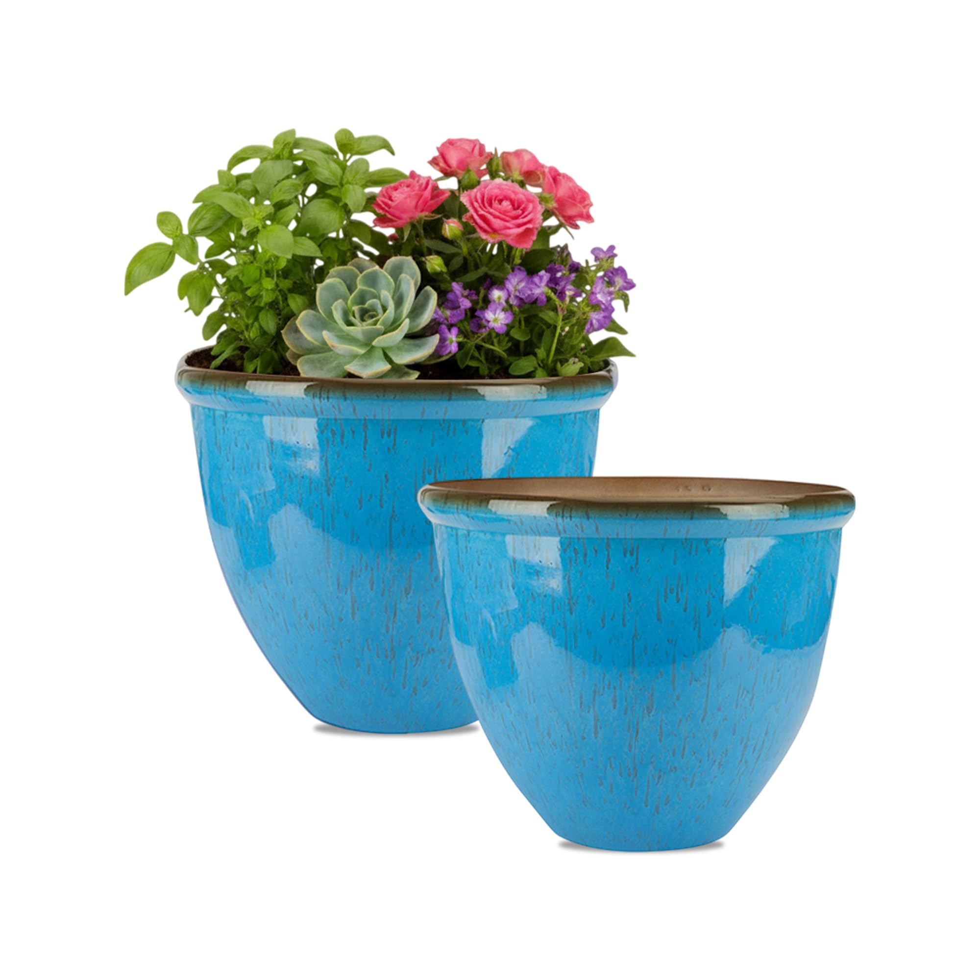 M1SS Set of 2 Glossy Ceramic Look Planters – 30cm Glazed Effect Decorative Indoor & Outdoor Flower Pots for Home Decor (Light Blue)