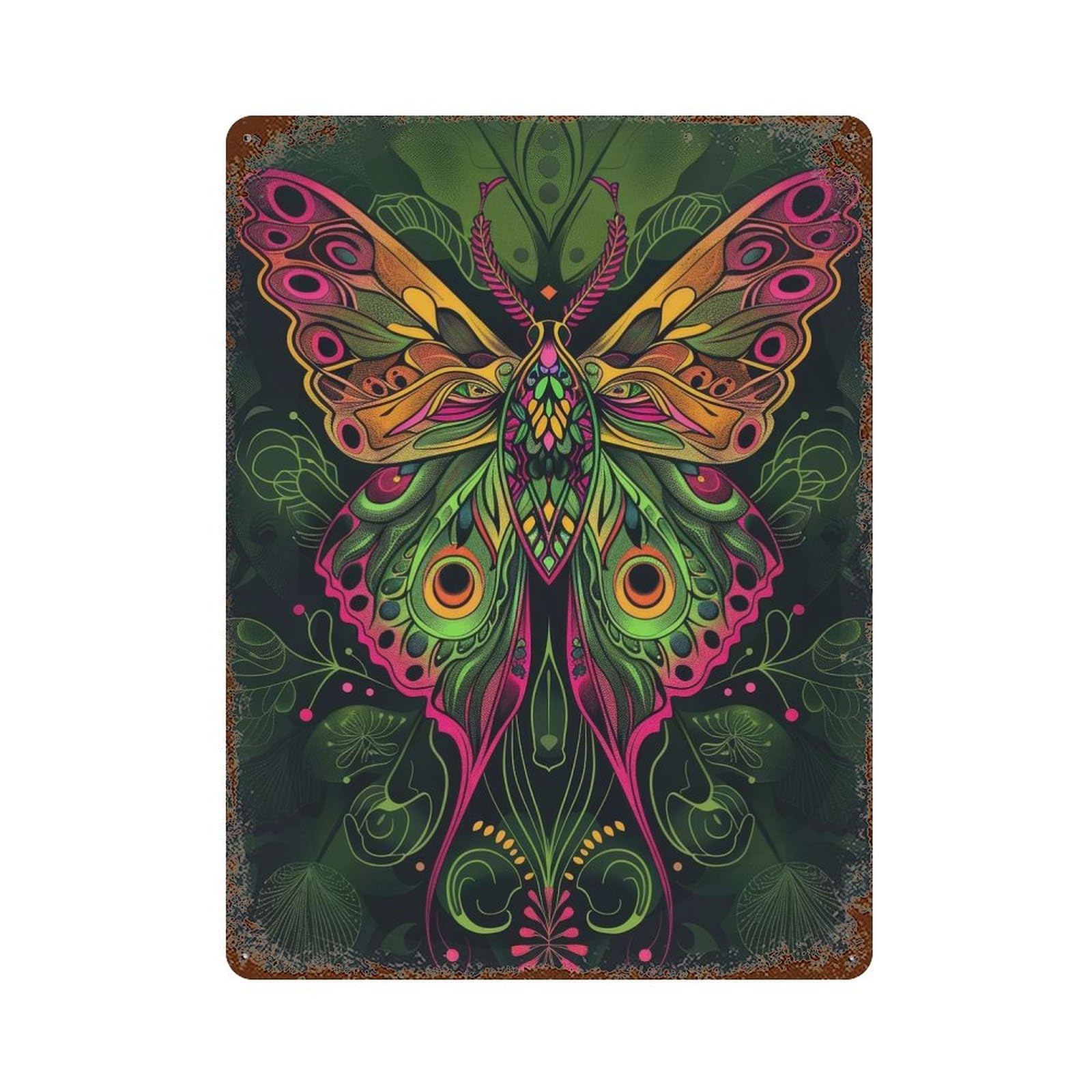 Aged Metal Wall Plaque with Neon Art Nouveau Moth Design 15.7"x11.8", for Shed, Workshop And Garage Wall Decor, Decorative Metal Wall Art