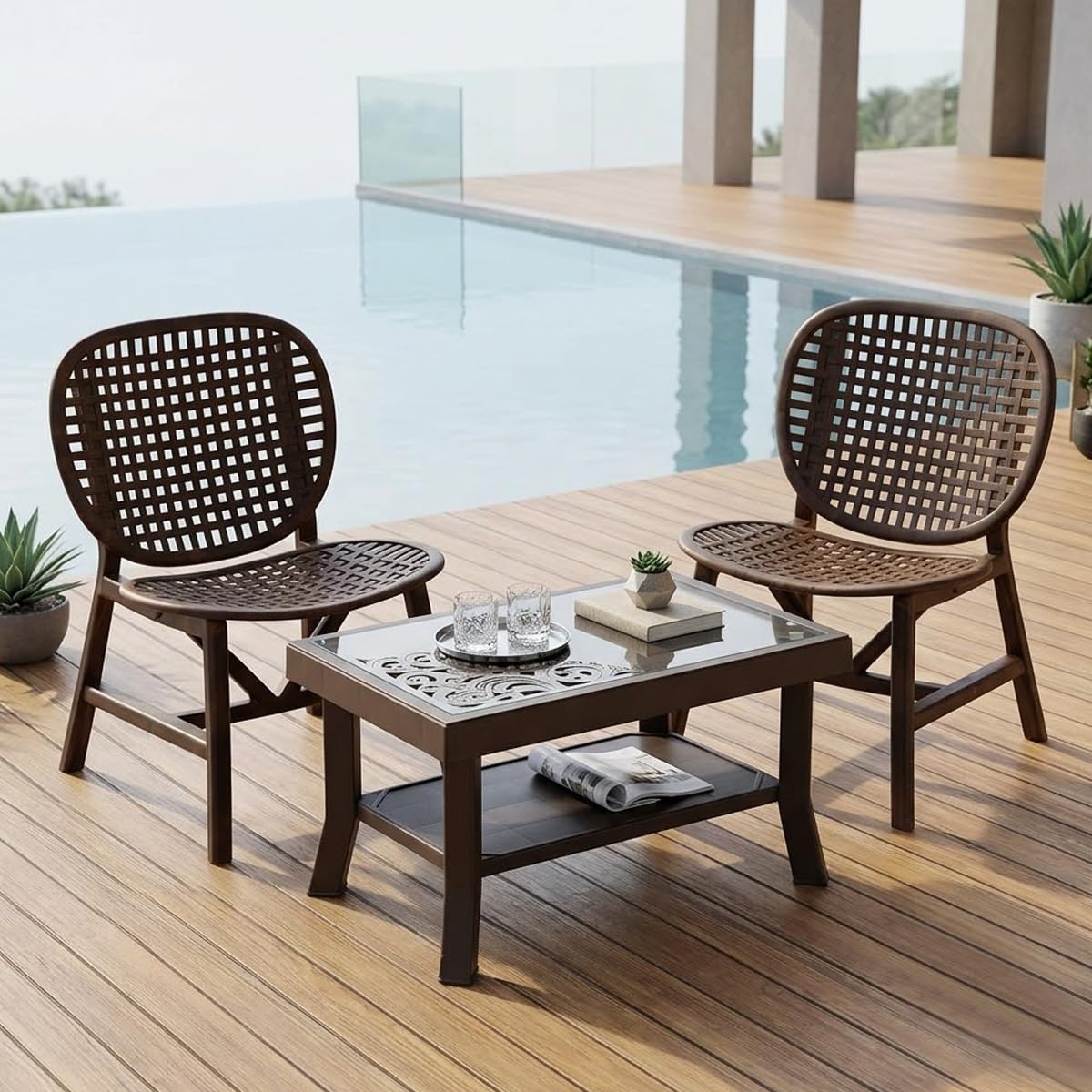Nilkamal Arena Chair and Glass Top Coffee Table Set | 2 Chairs and 1 Table | Plastic Furniture Set for Indoor and Outdoor Use, Balcony, Garden, Patio & Living Room | Walnut and Weather Brown-image-45