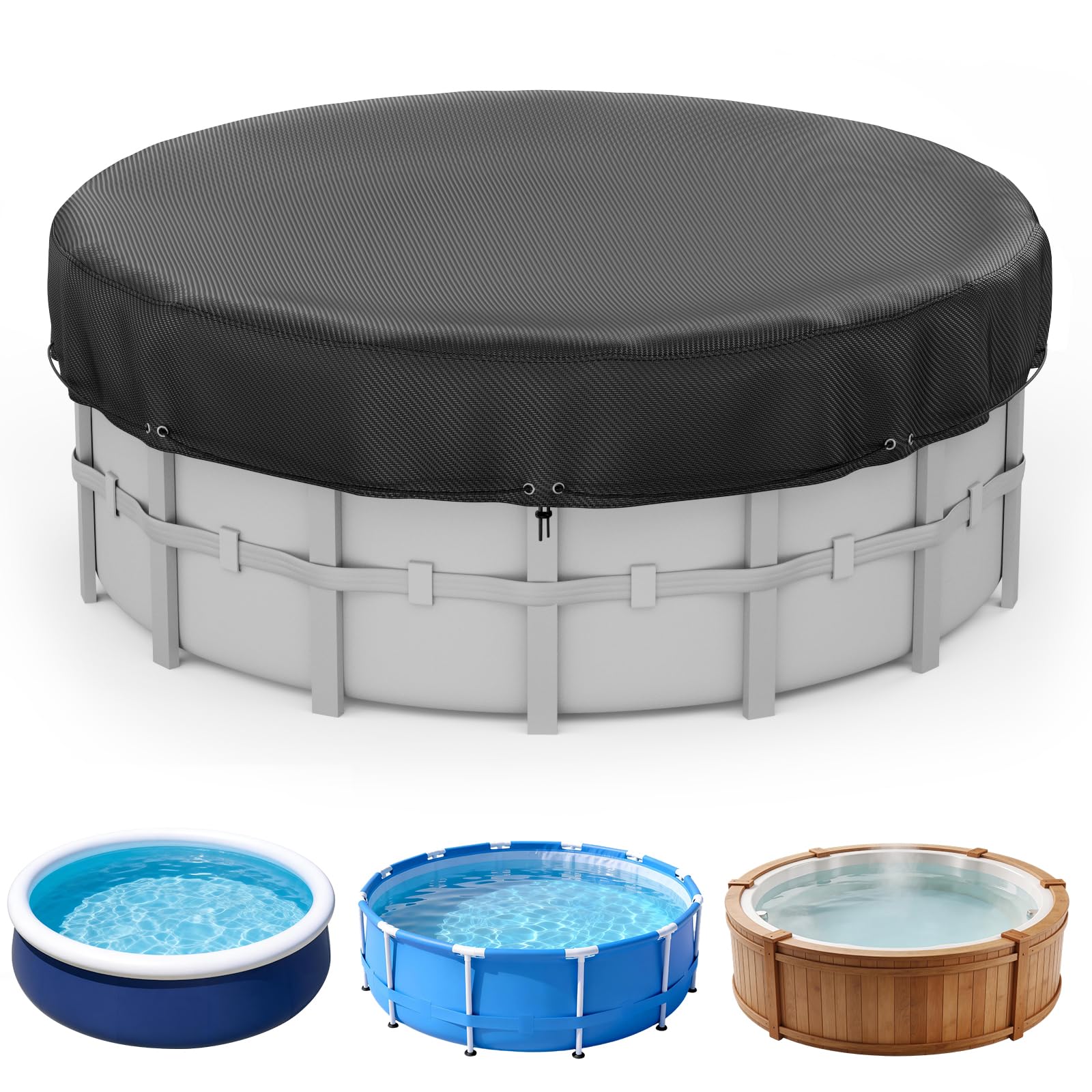 Photo 1 of 8ft Round Pool Cover, Solar Pool Covers for Above Ground Pools, Pool Cover Protector with Rope Tie and Ground Nails Design Increase Stability, Hot Tub Cover Ideal for Waterproof and Dustproof(Black)