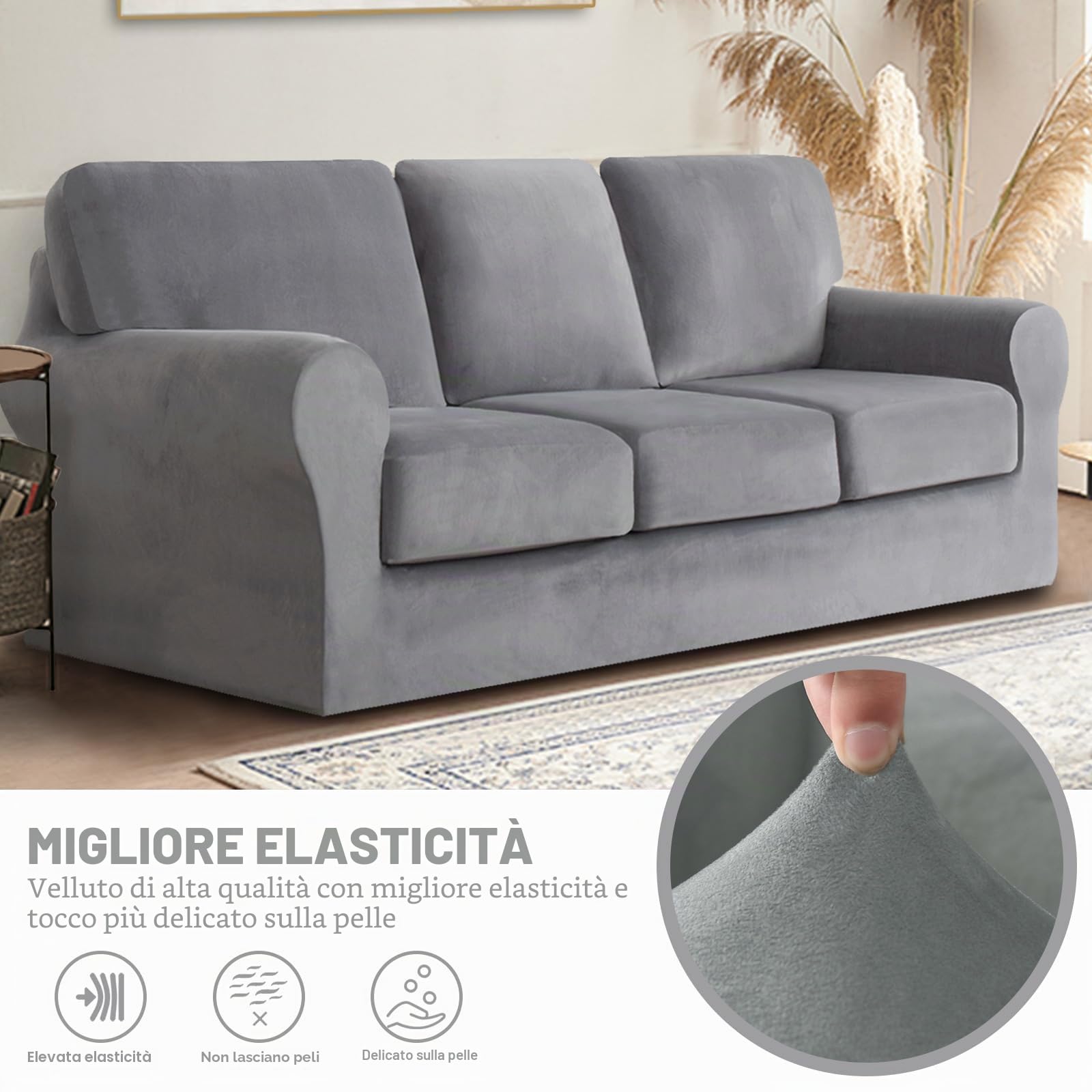 Jianyana Copridivano in Velluto Con Schienali Separati E Cuscini Seduta, Antiscivolo Con Fascia Elastica, Elasticizzato Antimacchia (Grigio Chiaro, 3 Posti) 7 Pezzi