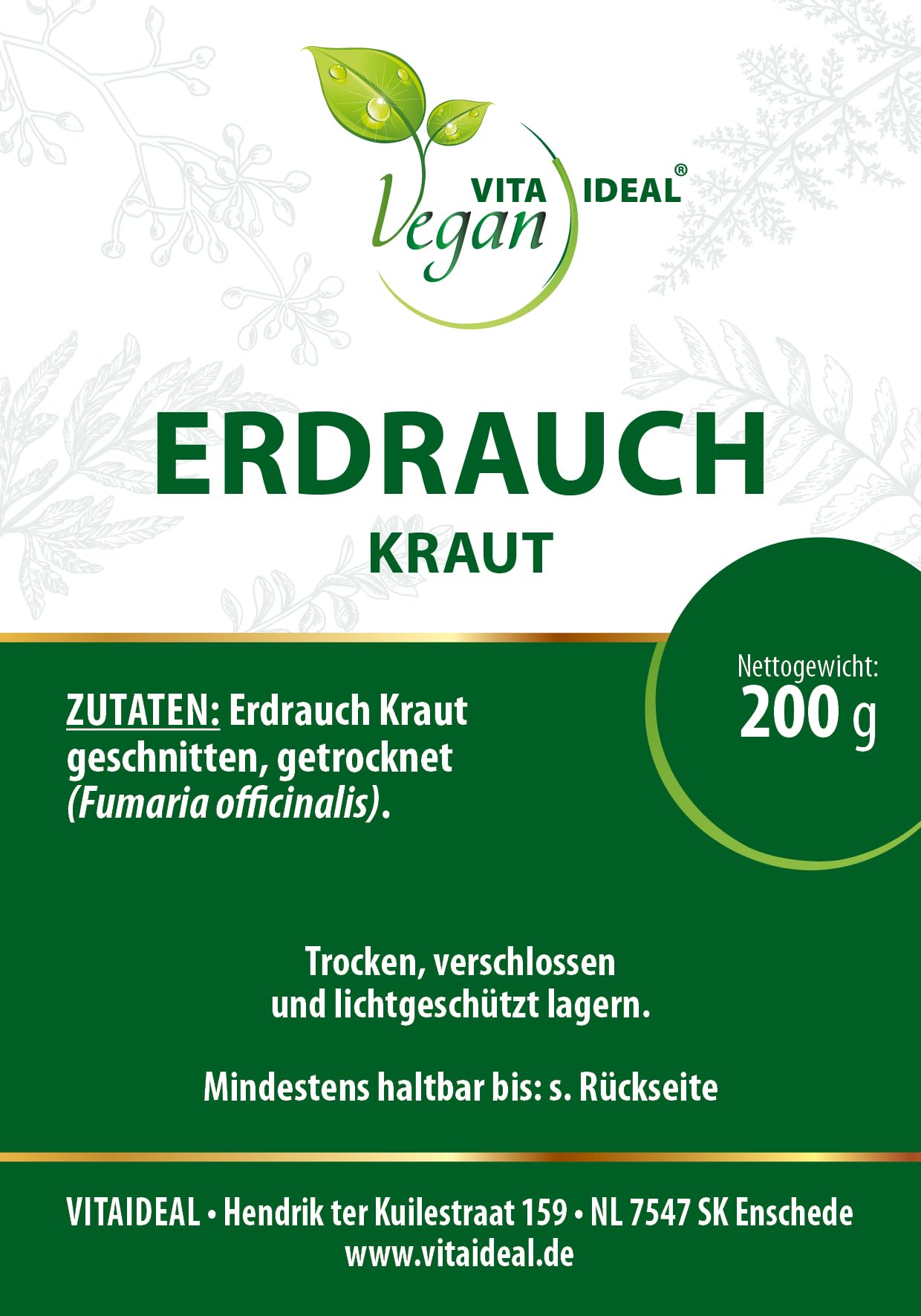 VITA IDEAL Vegan® ERDRAUCH - Kraut 4x 200g geschnitten & getrocknet - Fumaria officinalis - Erdrauchkraut - ERDRAUCHKRAUT Kräuter Tee & Aufguss, ohne Zusatzstoffe.