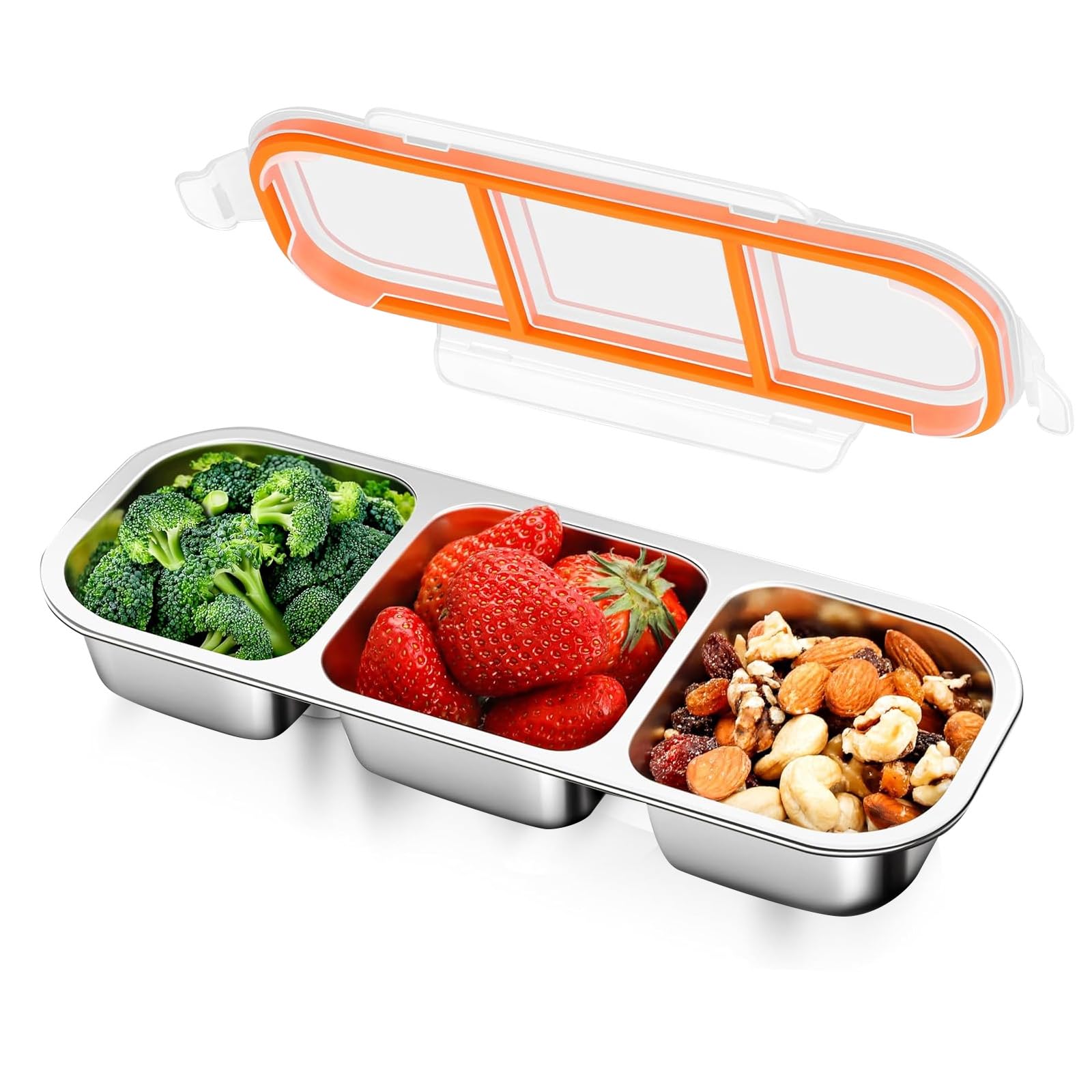 Srvillg Snack Containers with Compartments, Stainless Steel Lunch Box with Airtight Lids, 3 Compartment Bento Snack Containers, Reusable Leakproof Food Storage Snack Box for School Work Travel, Orange