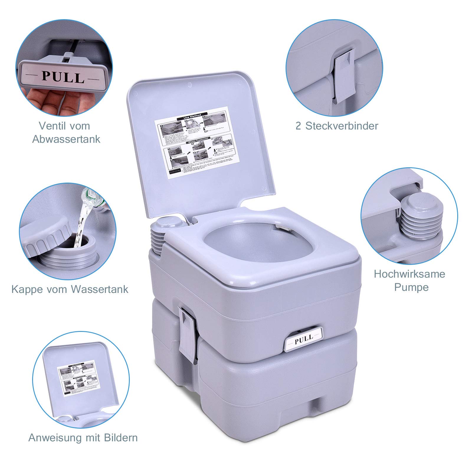 RELAX4LIFE Campingtoilette mobil, tragbare Toilette, mobiles WC Abnehmbarer Wassertank 20 L, Campingklo Bequeme Sitzhöhe 42 cm, Reisetoilette mit Pumpe, Outdoor WC für Reisen, Camping und Wohnmobil