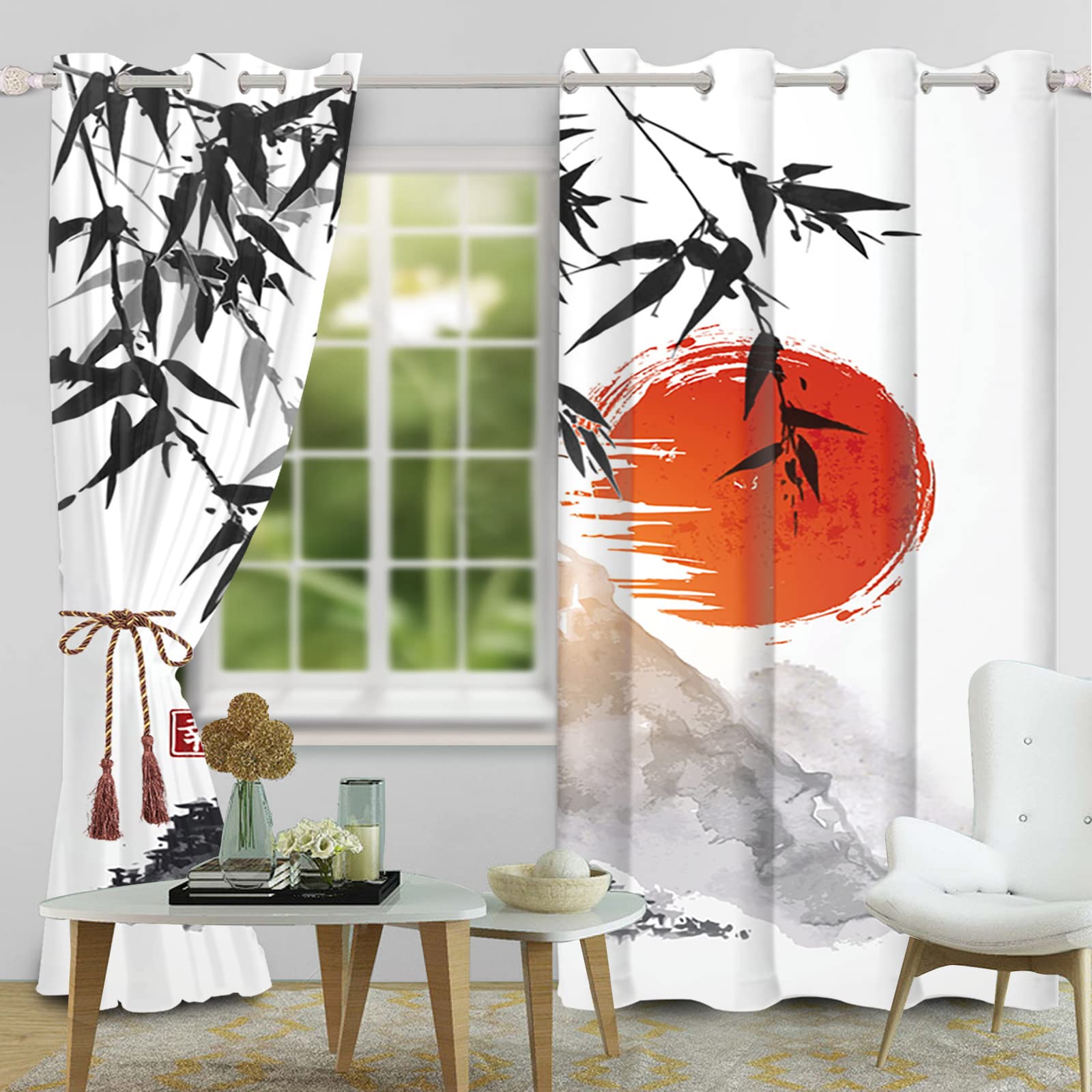 SDOTPMT 42x84inch Japanese Classic Ink Painting Window Curtain Mt Fuji Red Sun Bamboo Leaves Window Drapes Oriental Traditional Window Curtain for Living Room Bedroom Blackout Curtains 2 Panels - Image 2