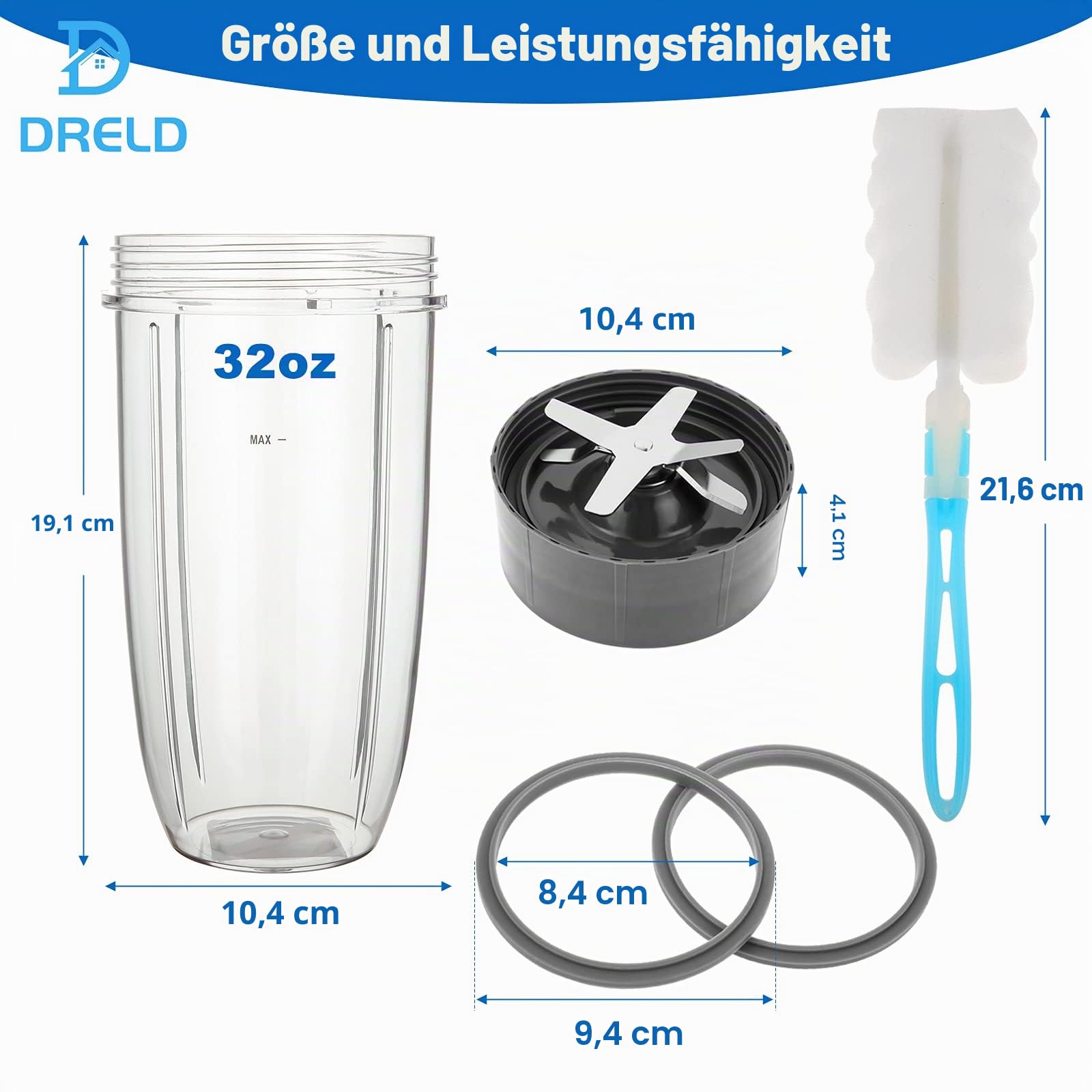 DRELD 7 Stück Mixer Ersatzteile Kompatibel mit NutriBullet Entsafter 600 W/900 W Mixer, mit 2×32oz Becher, 2×Ersatz-Extraktorklinge, 2×Gummidichtungen,1×Bürste, Nutribullet-Zubehör | Kompatibel mit Nutribullet 600 W/900 W Mixer-Modellen