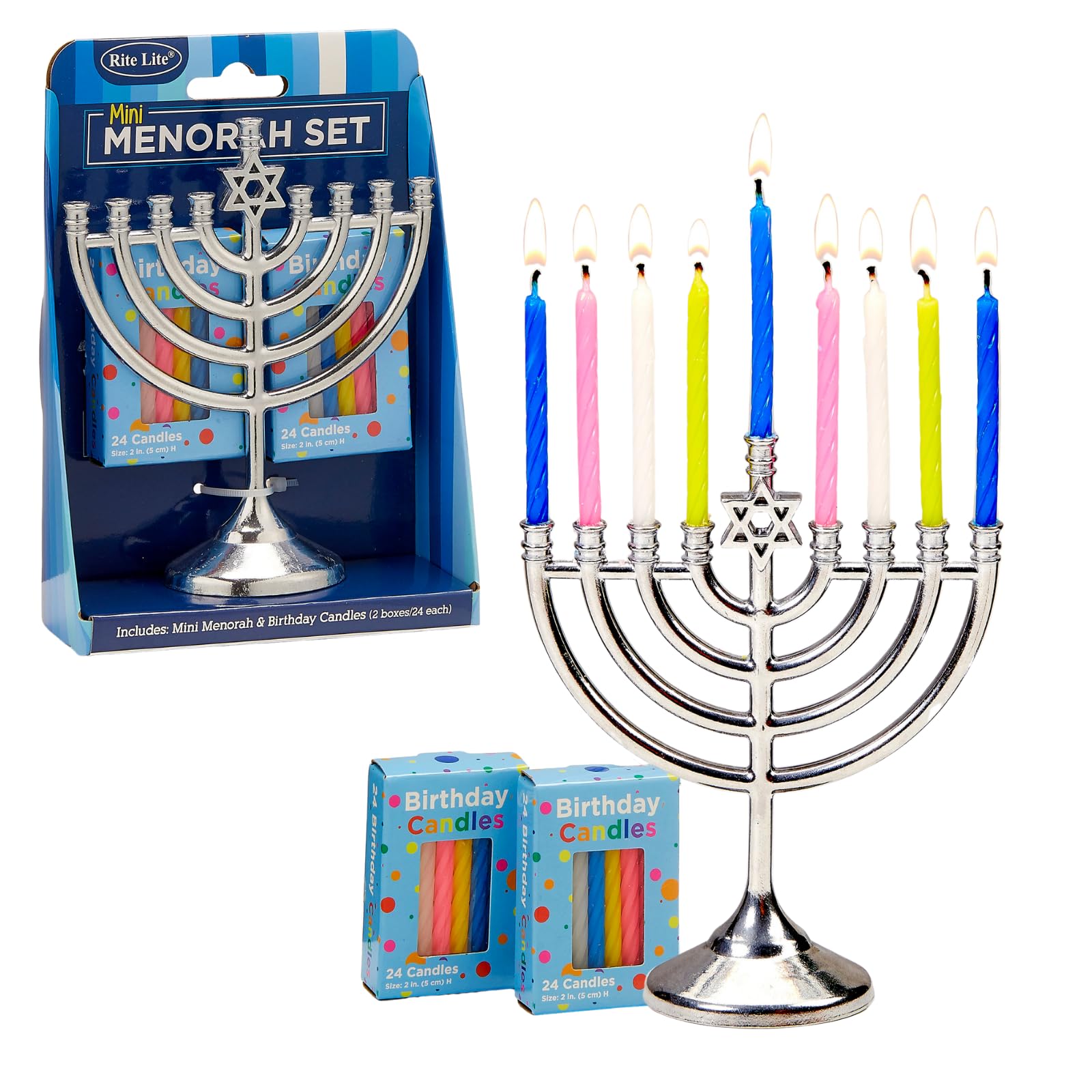 Rite Lite Mini Menorah Set with 48 Multicolor Birthday Candles - Portable Chanukah Candle Holder Diecast Aluminum Menorah Hanukkah Gifts Jewish Party Favors Living Room Holiday Decor Centerpiece 5