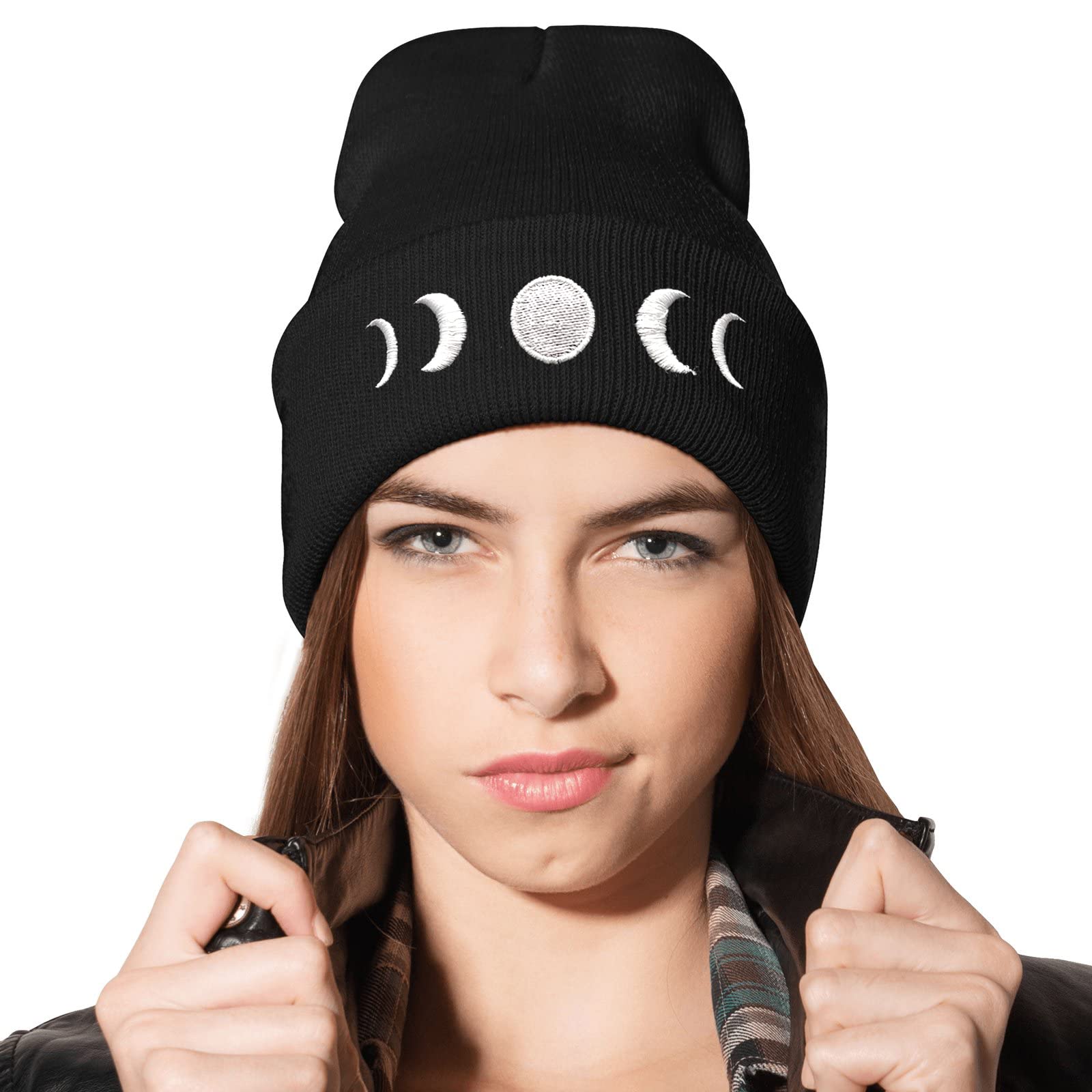 Yieofhgothic Goth Crescent Moon Embroidery Beanie Hat For Men