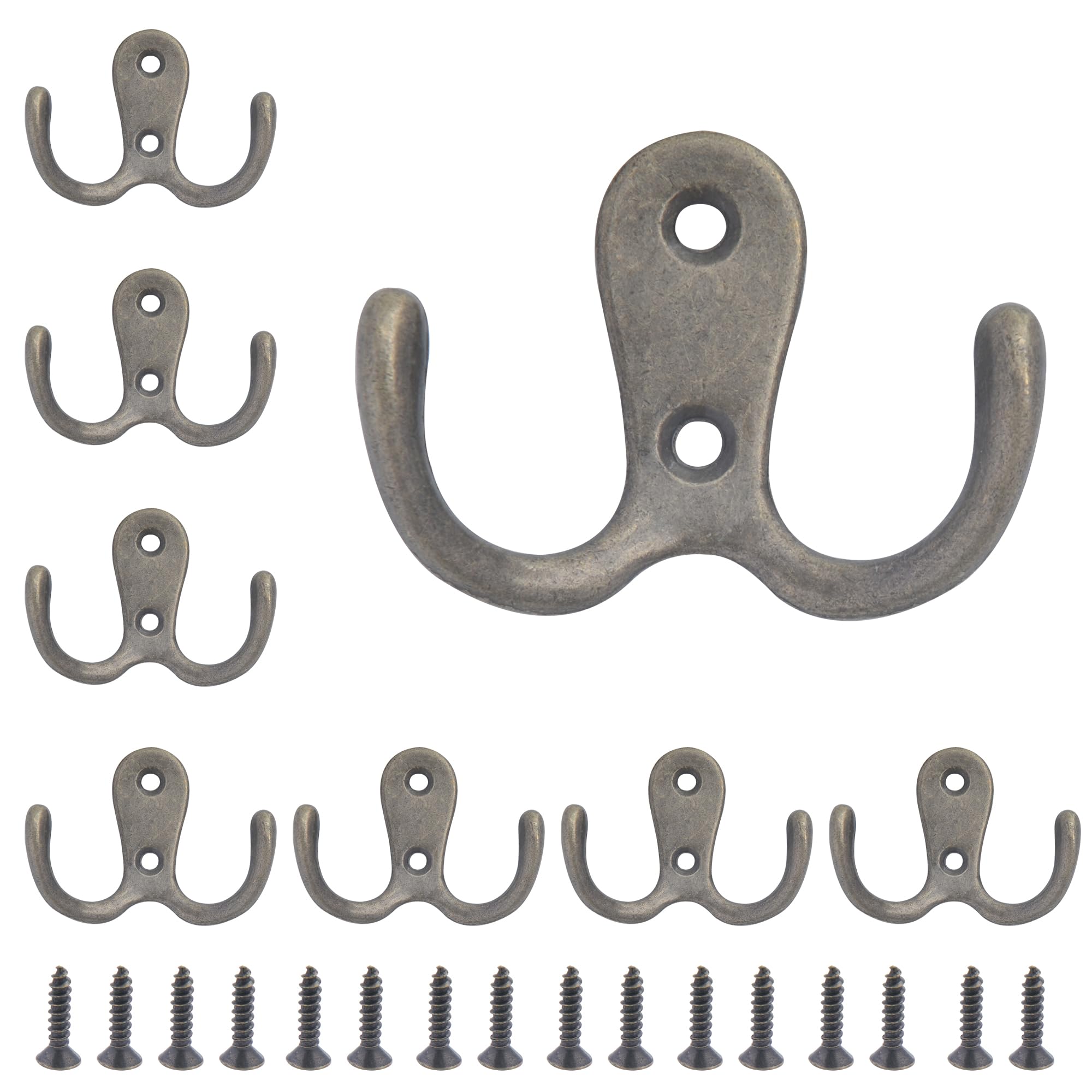 SZWLJ 8PCS Dual Coat Hooks, Retro Metal Double Prong Coat Hooks Wall Mounted with Screws, Door Hooks can be Used for Hanging Clothes, Towels, Suitable for Bedroom, Bathroom