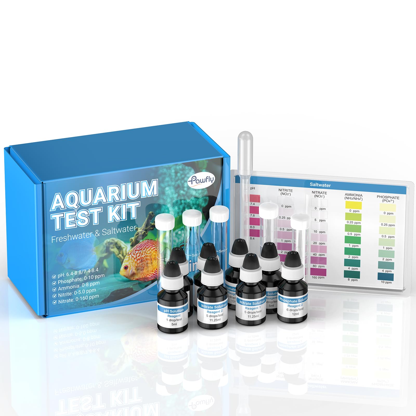 Pawfly 5 in 1 Aquarium Water Master Test Kit, Aquarium Water Test Kit Fish Tank Water Testing Kit for pH Nitrite Nitrate Ammonia & Phosphate, Aquarium Test Kit for Freshwater & Saltwater Fish Tanks