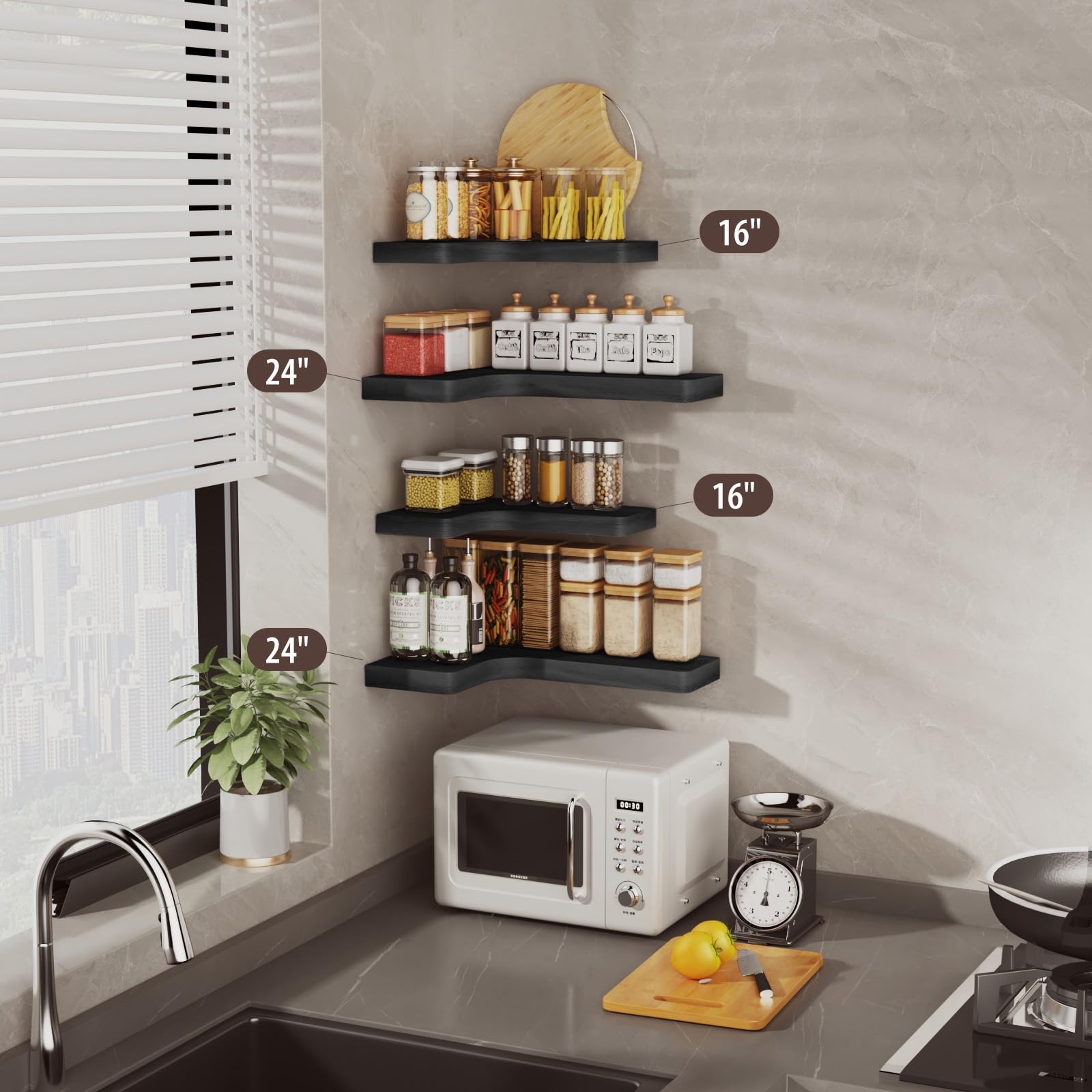 SAUMONIERES Juego de 3 estantes flotantes de esquina de madera maciza para dormitorio, baño, cocina, almacenamiento, color negro, soportes invisibles