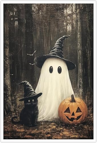 Lindo arte de pared de Halloween, póster vintage de fantasma y gato negro, impresión en lienzo de academia oscura para sala de estar, habitación de