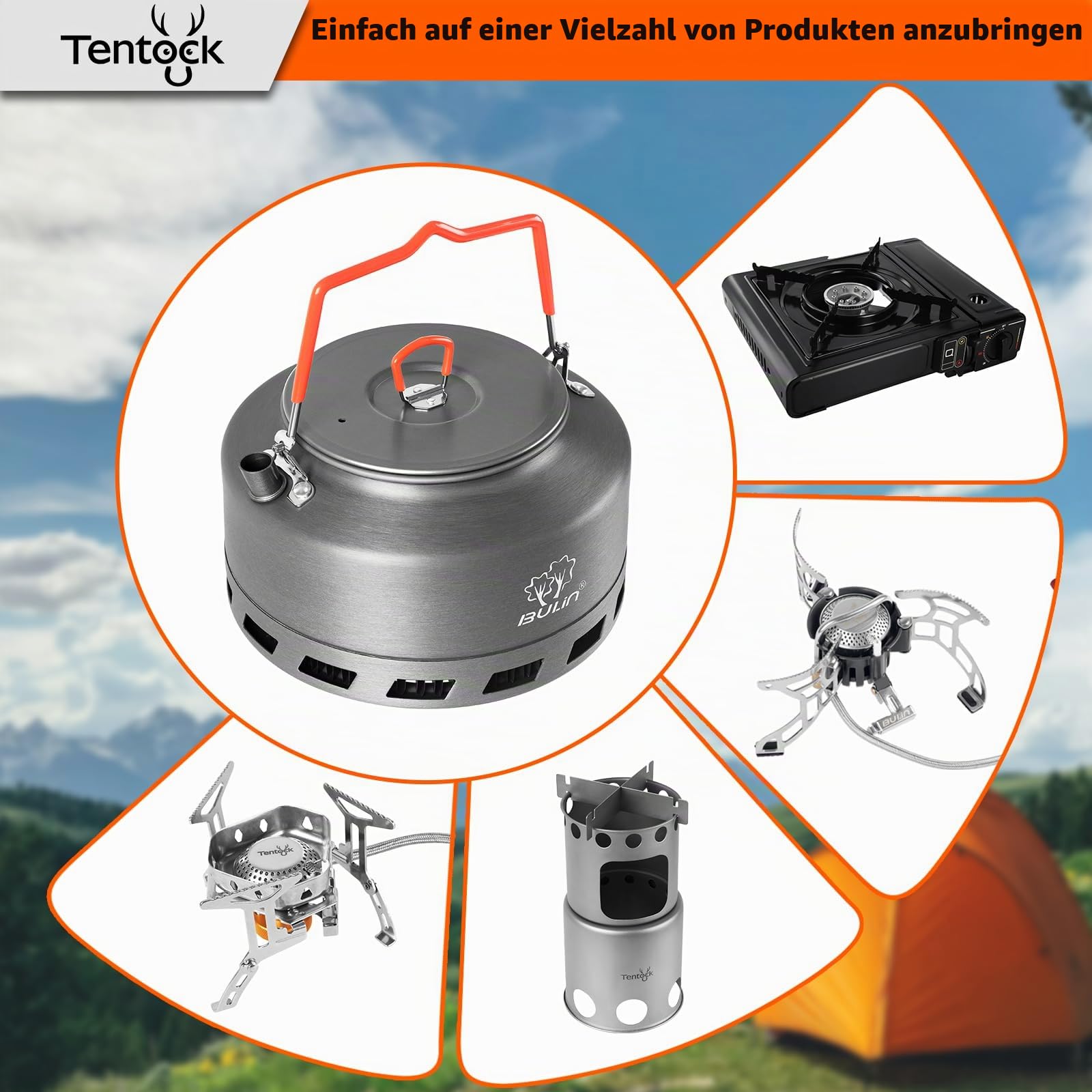 Tentock Wasserkessel Camping 1.1L / 1.6L – Schnelle Heizung mit Wärmetauscher, Energiesparender Aluminium Kessel für Gasherd, Ideal für Outdoor, Reise, Wohnmobil, Picknick – inklusive Netztasche(1.1L)