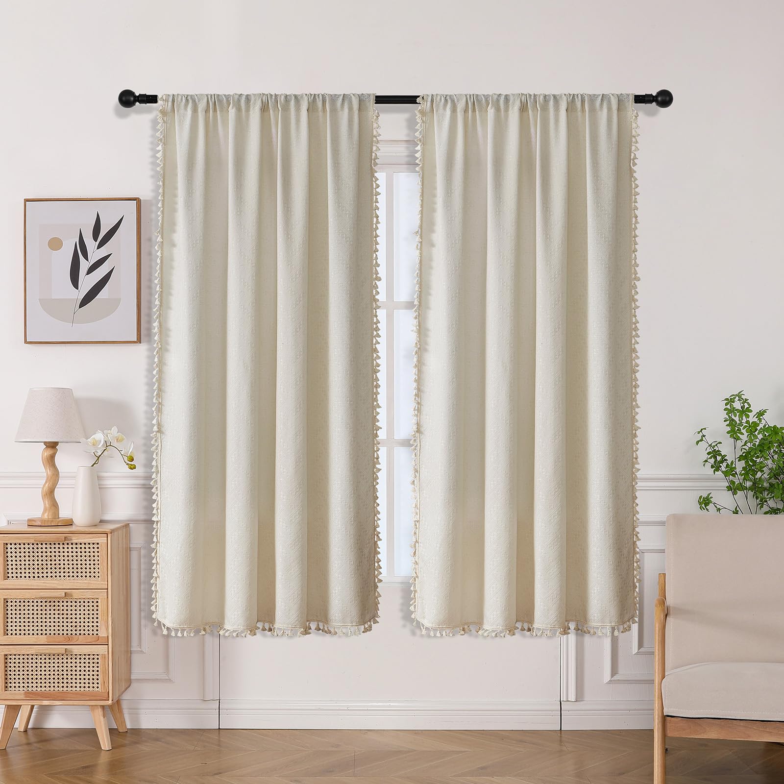 JoydecoBeige Boho Curtains 72 Inch Curtains 2 Panels Set, Cream Boho Curtains for Bedroom Living Room, Super Soft Light Filtering Country Rustic Semi Sheer Farmhouse Curtains Rod Pocket