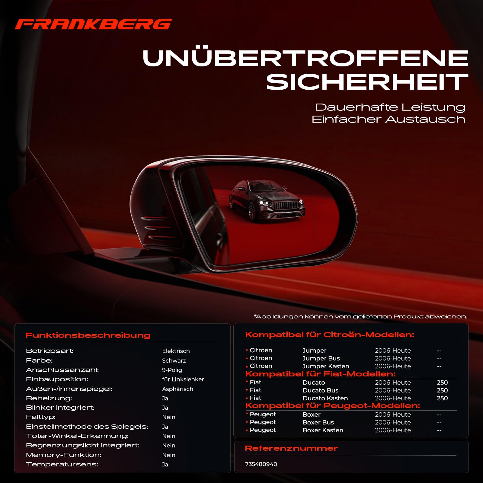 Frankberg Außenspiegel Aussenspiegel Links Konvex Beheizbar Manuell einklappbar Kompatibel mit Ducato Kasten Ducato Bus Boxer Bus Jumper Bus Replace# 735480940