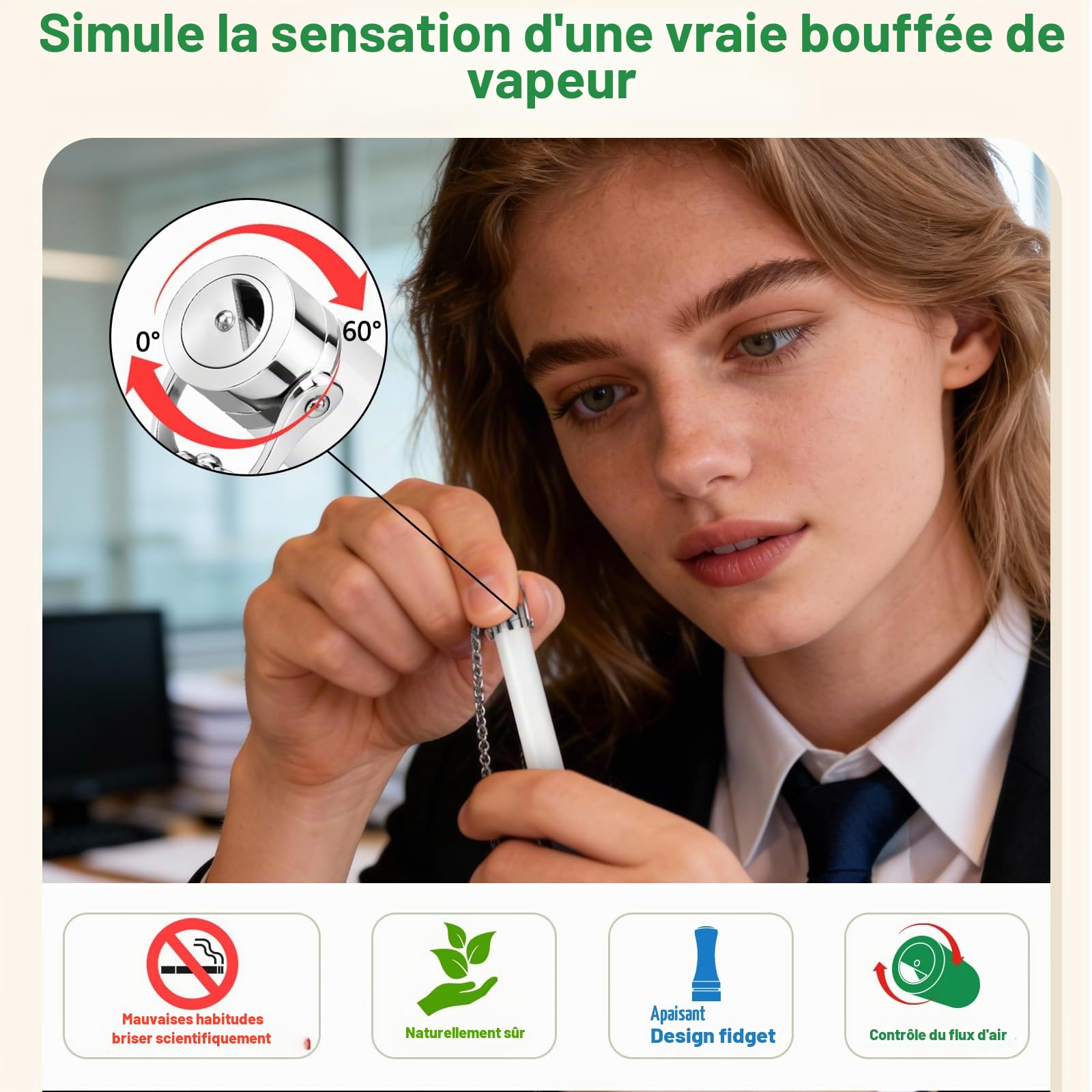 Collier Réglable sans Fumée- Inhalateur à Arômes Accessoire d'Entraînement à la Respiration Profonde, Tube Métallique et Coussinets Aromatiques pour Apaisement et Concentration, Rose