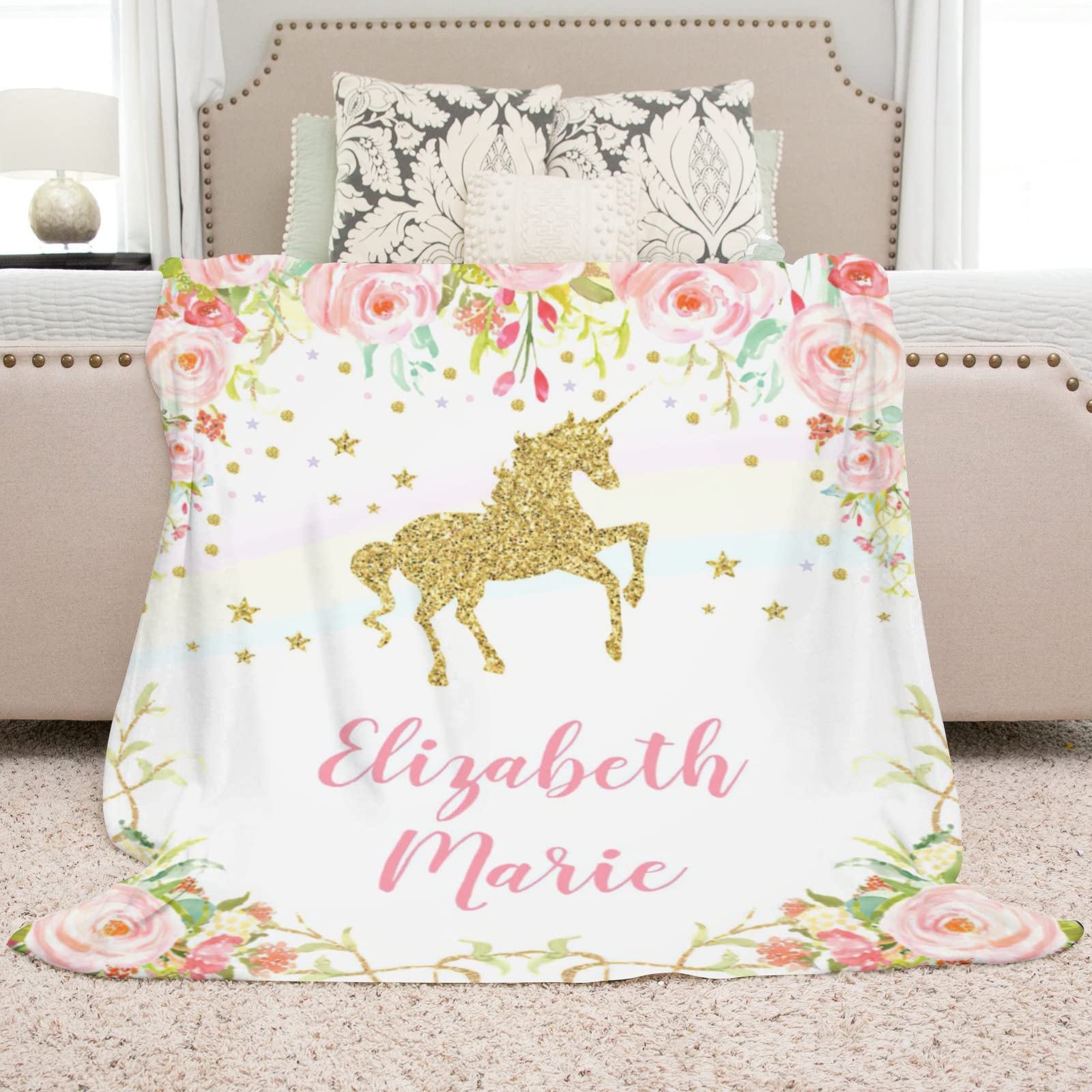 Personalized Unicorn Blanket with Name Custom Baby Blanket for Girls Customized Baby Girl Gifts Soft Plush Fleece Blankets for Shower Nursery Swaddling - Floral Unicorn9 30x40in