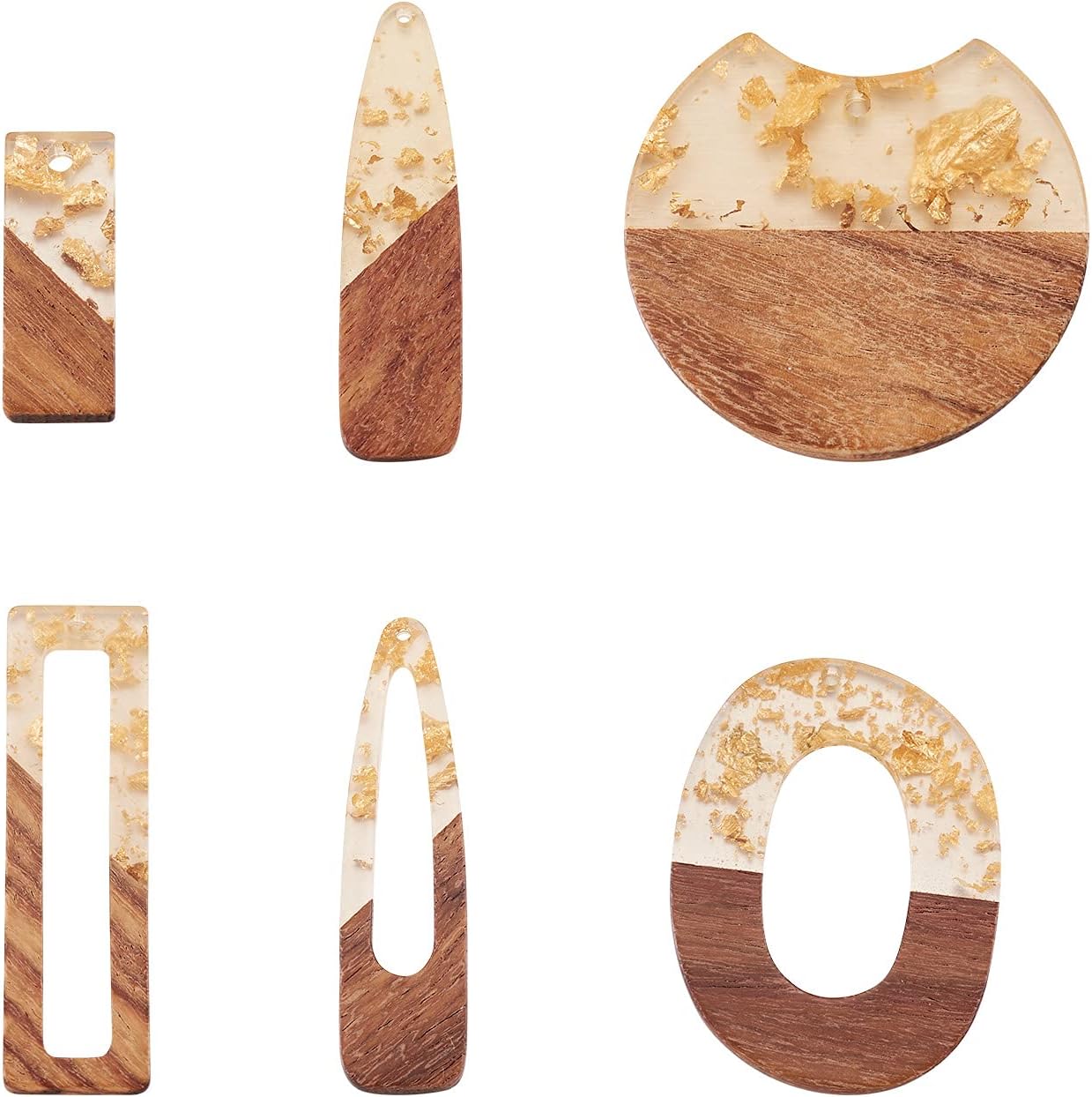 FASHEWELRY 12pcs Resin Walnut Wood Pendants 6 Geometric Shapes Rectangle Oval Bullet Vintage for Jewelry Making Earrings Necklace