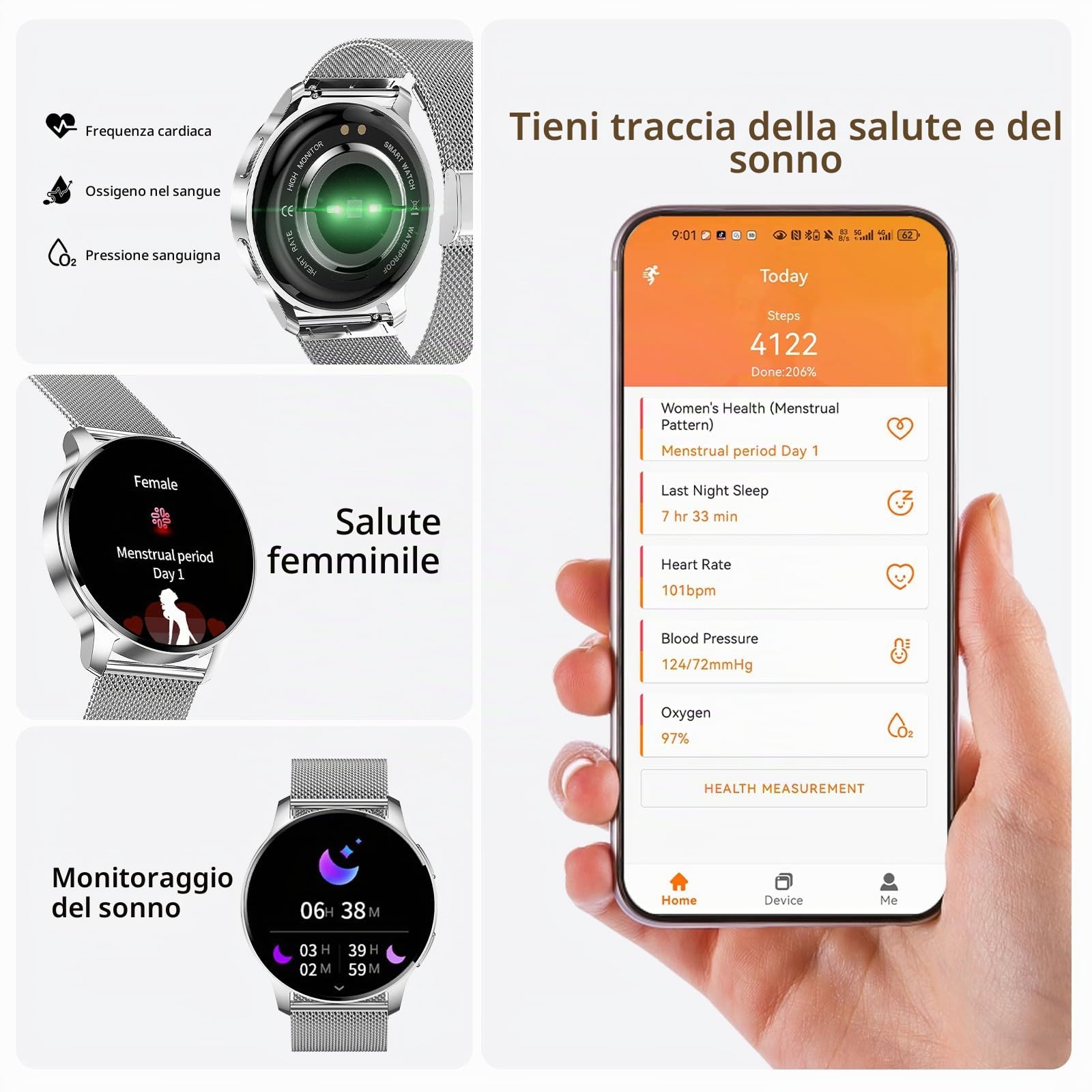 Smartwatch Donna Uomo Chiamata Bluetooth Contapassi Sonno Monitor | 1,34" HD Screen Smart Watch Rotondo Impermeabile Cardiofrequenzimetro Orologio Fitness Android IOS [3 Cinturino]