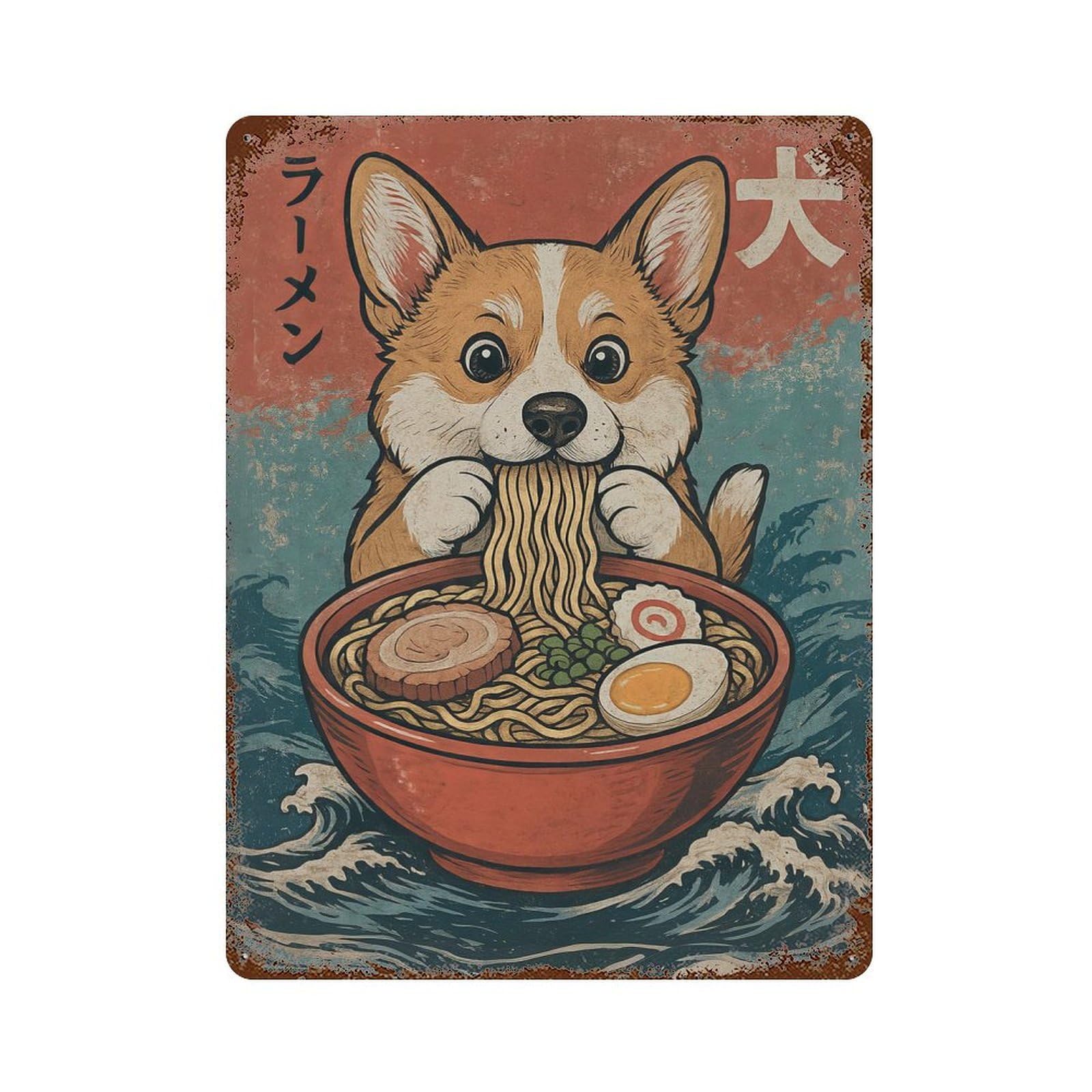 Corgi Ramen Rust Effect Tin Sign 15.7"x11.8", Rustic Home Decor for Garage, Pub Or Kitchen