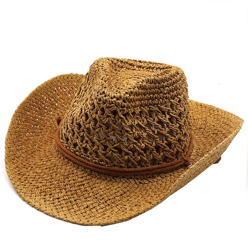 Unisexe Chapeau de Paille Été Réglable Chapeau de Cowboy Ajouré Panama Western Pliable Chapeau de Soleil pour Plage Voyage Vacances Camping Pêche Large Bord Anti-UV Homme Femme Casquette Visière