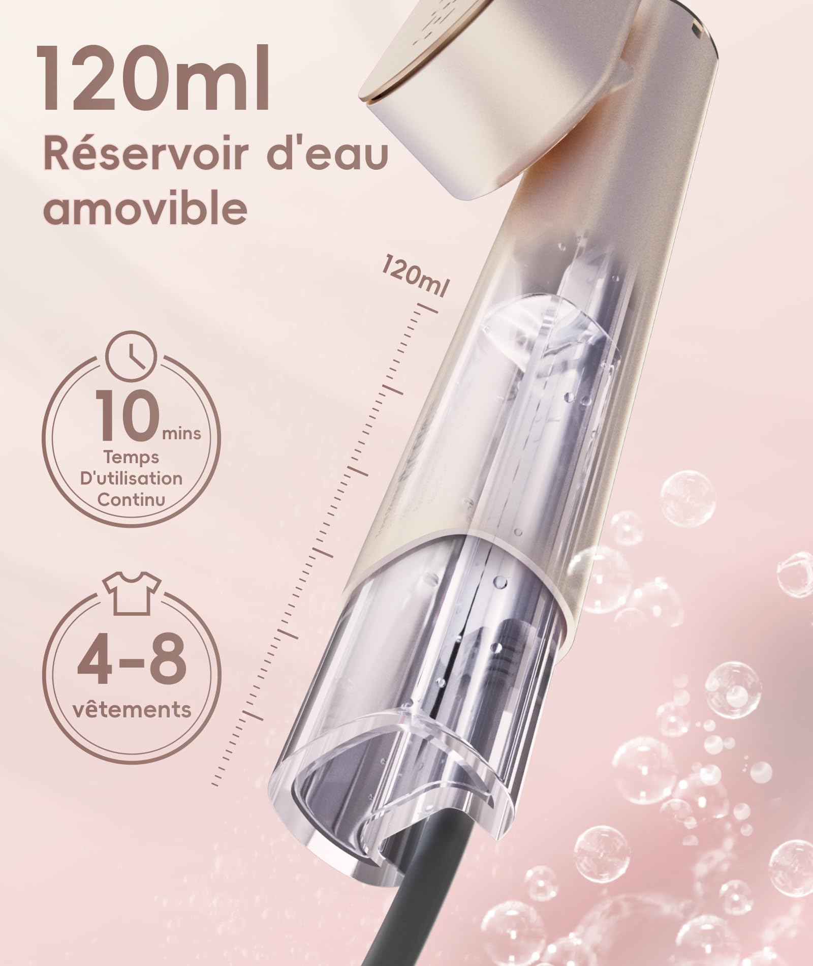 Défroisseur vapeur portable 2 en 1 pour vêtements, 100-240 V, double tension, réservoir d'eau de 1000 W et 120 ml, or rose