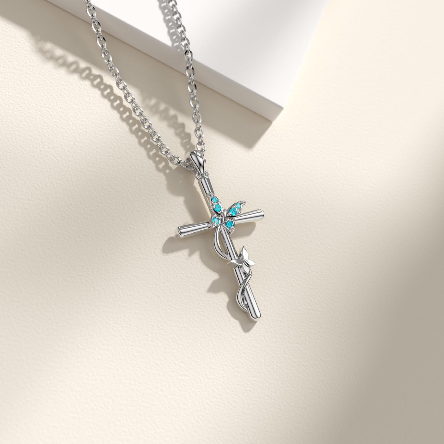 Distance Cross Birthstone Necklace for Women, 925 Sterling Silver Butterfly Cross Pendant, Birthstone Necklace Birthday Christmas Valentines Gifts for Her - Image 8