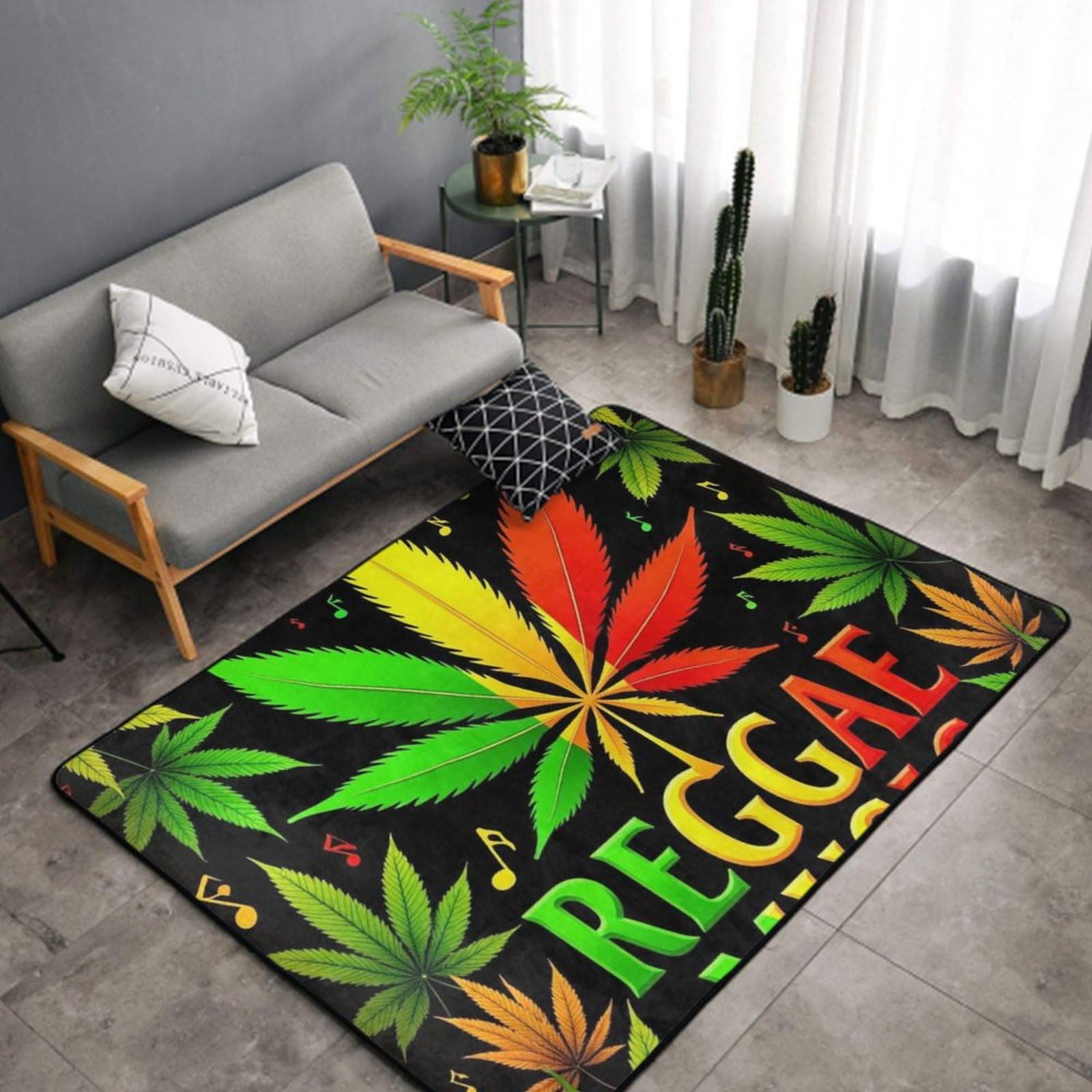 Soft Memory Foam Area Rug with Non-Slip Backing, Rasta Flag Weedleaf Leaves Reggae Music Play Rug Carpet Indoor Entrance Mat for Bedroom Dorm Room