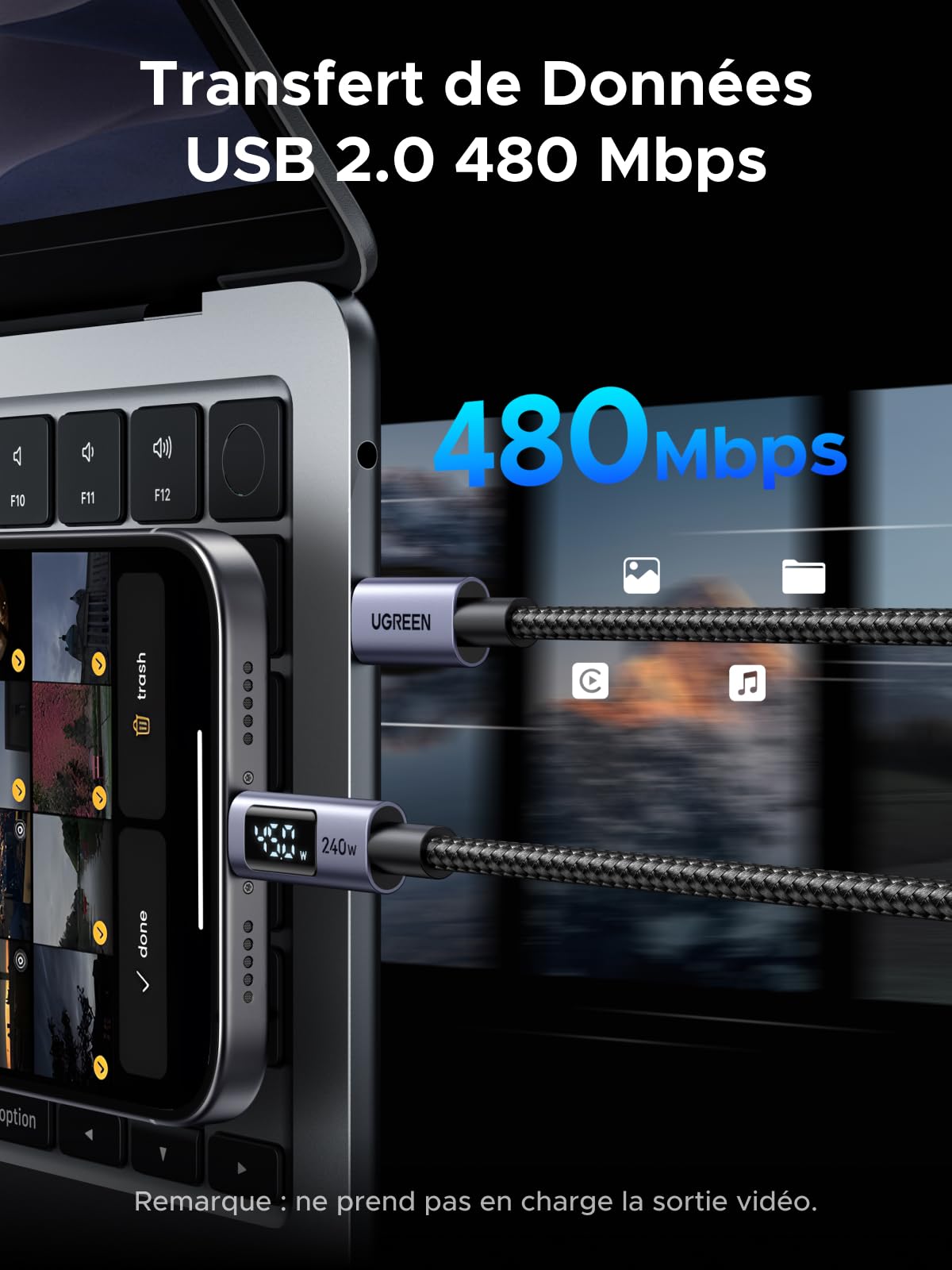 UGREEN Câble USB C vers USB C 240W PD 3.1 48V 5A avec Écran LCD Charge Rapide 2M