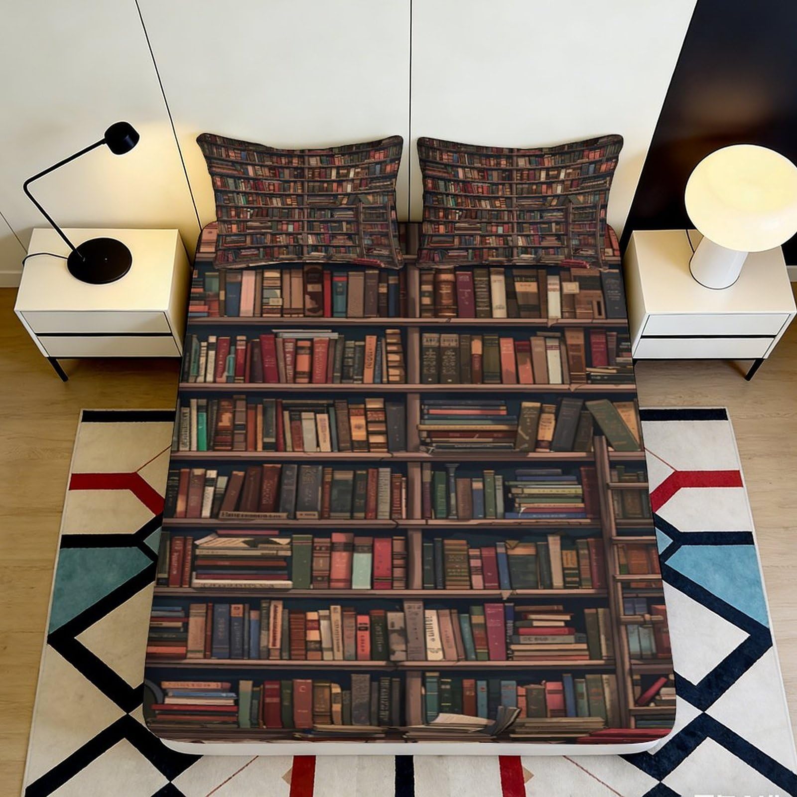 3D Printed Bookshelf Fitted Sheet Microfiber Deep Pocket Library Bedroom Bedding Book Mattress Fitted Cover Non-Slip for Adults Teens 200x200x25cm