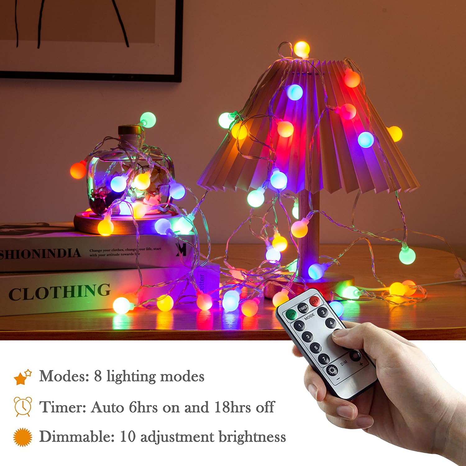 ANJAYLIA Globe String Lights, 26Ft 64 LED RGB Christmas Fairy Lights Battery Operated, Twinkle Lights with Remote Control for Party, Wedding, Halloween, Garden Decorations