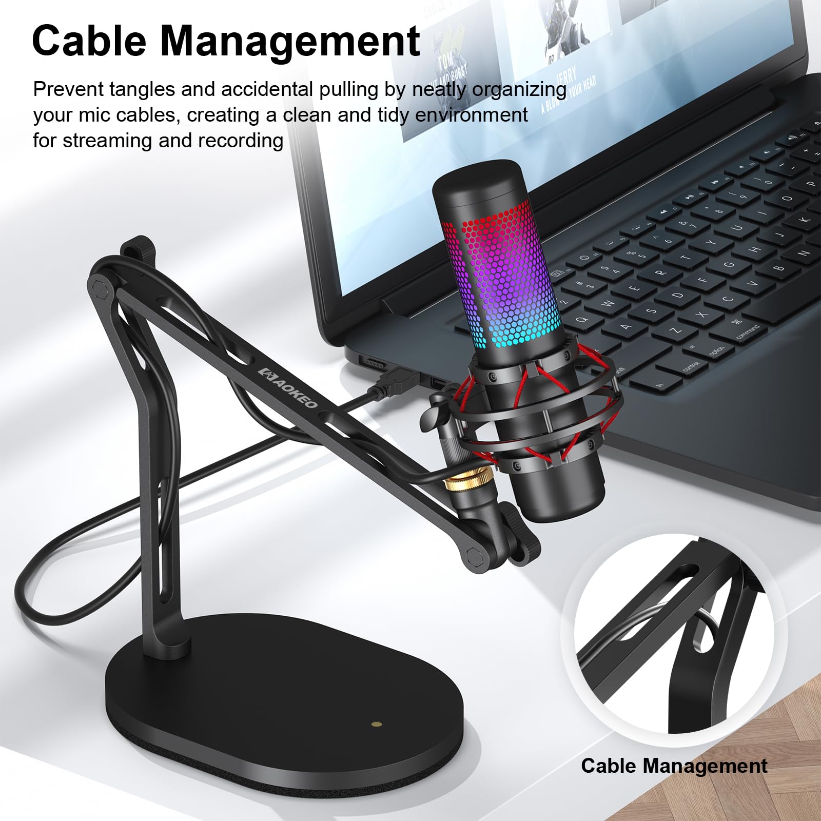 Aokeo Soporte para micrófono, brazo de micrófono de escritorio con adaptador de 3/8 a 5/8 pulgadas, compatible con Blue Yeti, HyperX QuadCast, SoloCast, Shure SM7B, MV7X