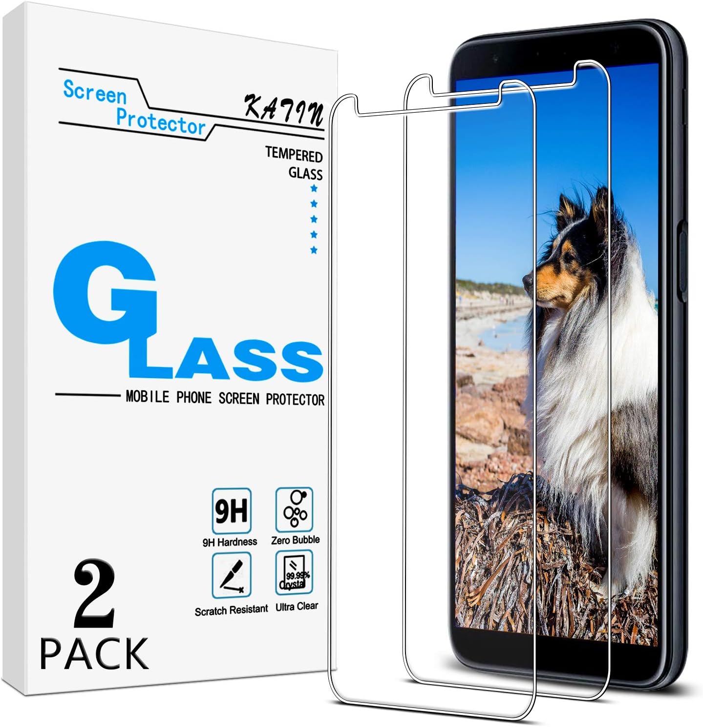 KATIN Galaxy J6 Plus Screen Protector - [2-Pack] Tempered Glass for Samsung Galaxy J6 Plus Bubble Free with Lifetime Replacement Warranty