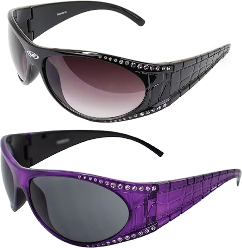 Global Vision Marilyn - 1 lentes de sol envolventes para motocicleta para mujer, con diamantes de imitación, 2 pares de montura negra y morada con