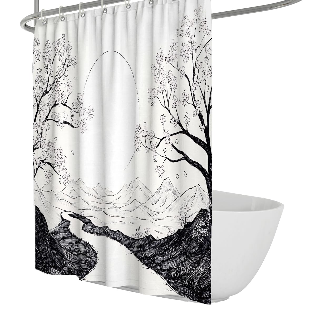 OLLIAR Home Asian Japanese Shower Curtain 90x180 Cherry Blossom Sun Grey Mountains Traditional Ink Art Bathroom Curtains Polyester Fabric with Hooks